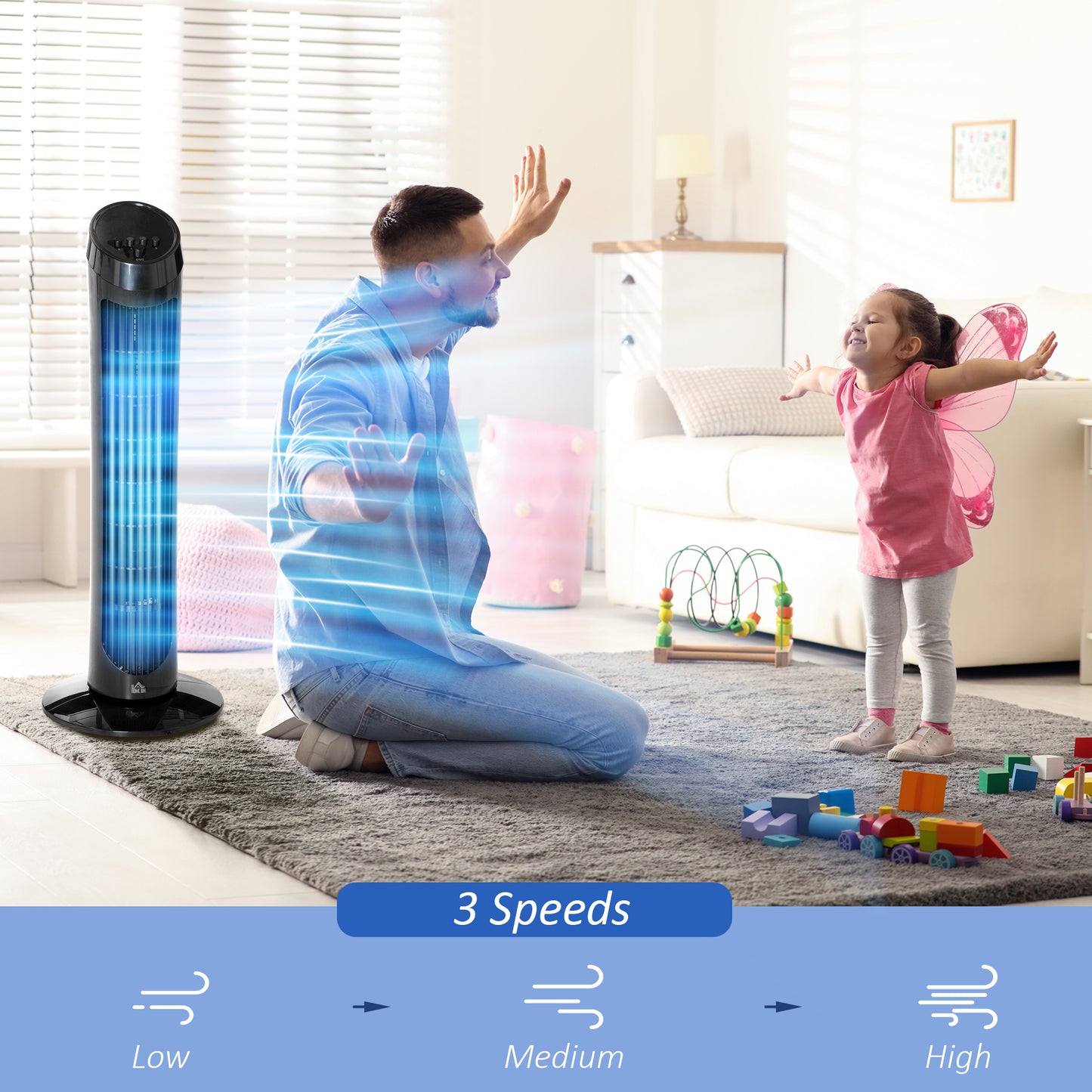 HOMCOM Tower Fan for Bedroom, 30 inch, 6 m/s Powerful Velocity, Standing Floor Fan with 70° Oscillating and 3 Speeds for Home Office Indoor, Black