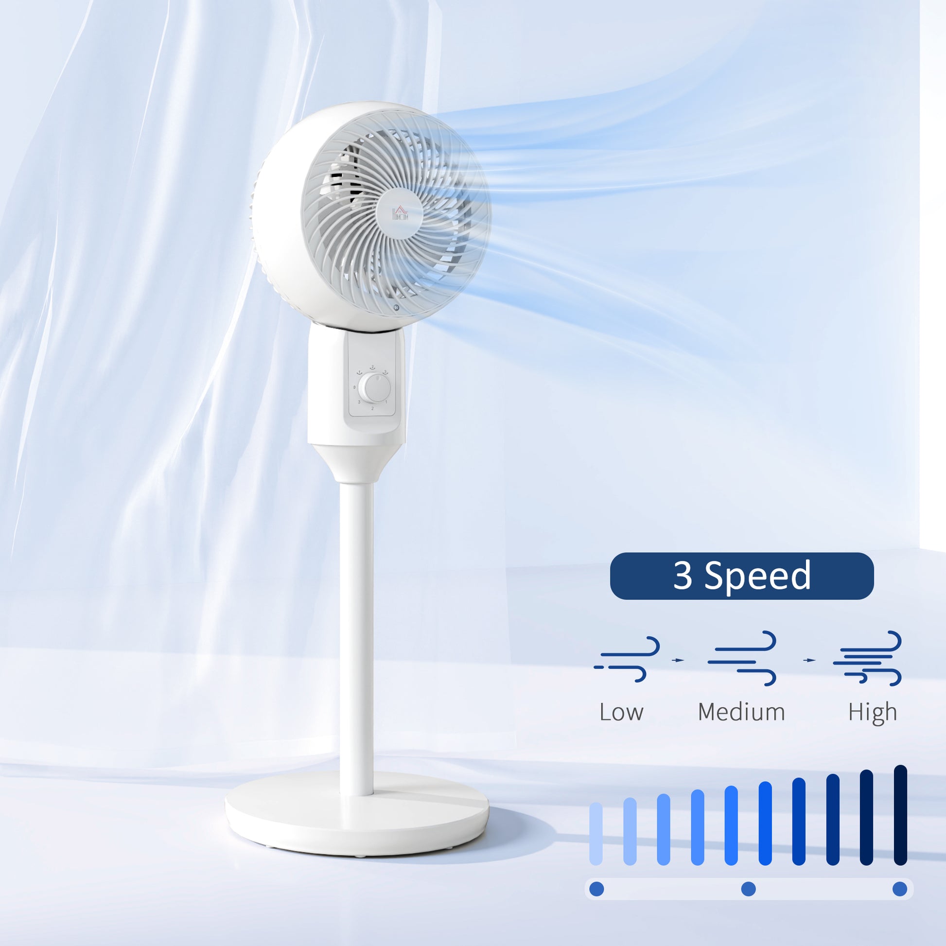 HOMCOM 32" Pedestal Fan, 70° Oscillating 90° Vertical Tilt Air Circulator with 3 Speeds, Standing Fan for Home Office, Bedroom, White