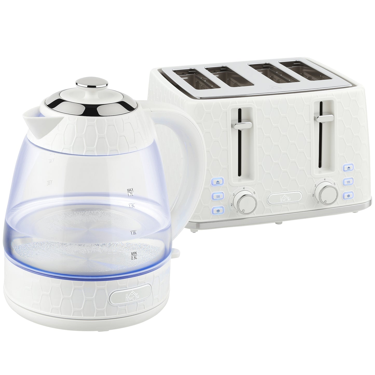 HOMCOM Kettle and Toaster Set, 1.7L 3000W Rapid Kettle with Strix Thermostat, 4 Slice Toaster with 7 Browning Controls, Cream