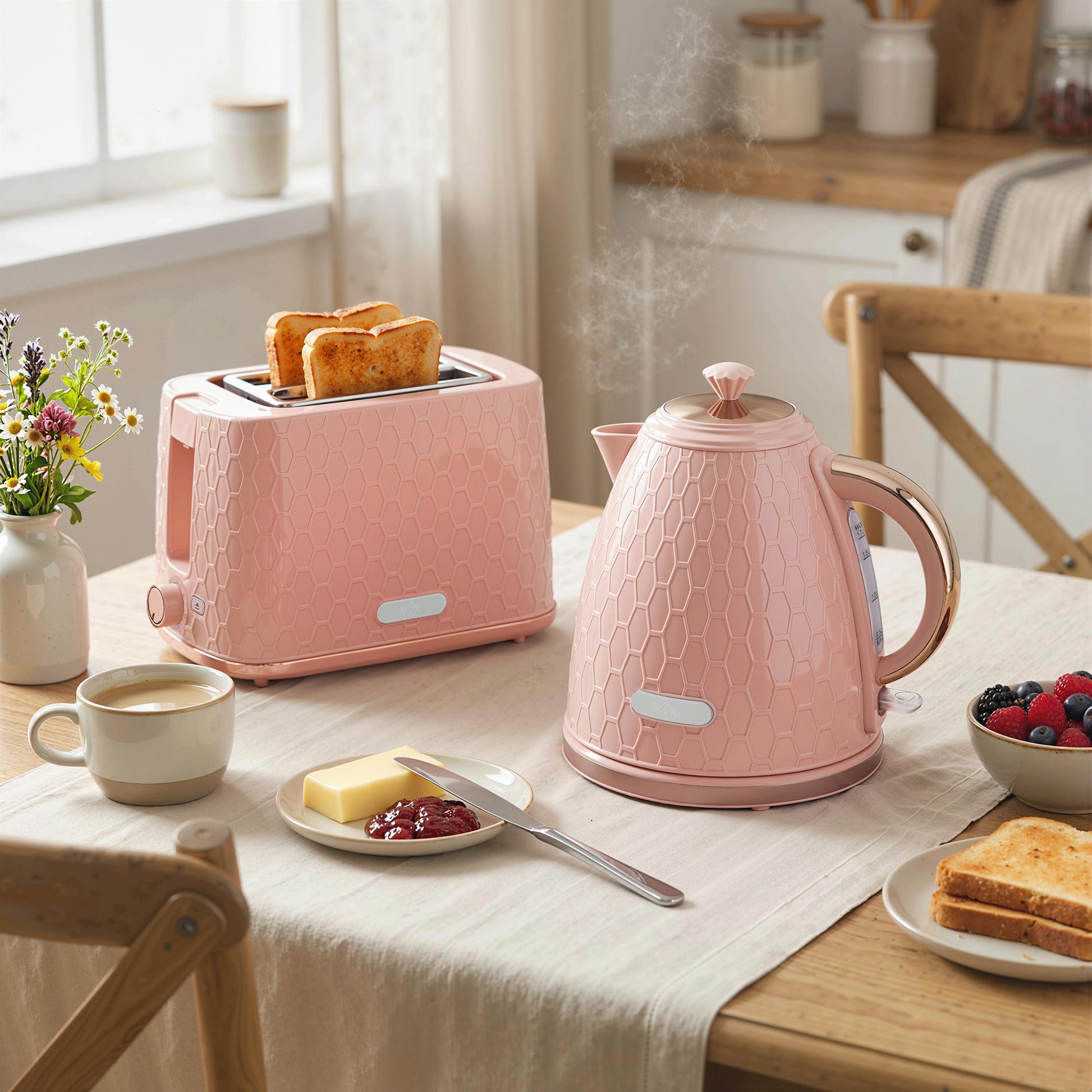 HOMCOM 1.7L 3000W Fast Boil Kettle & 2 Slice Toaster Set, Kettle and Toaster Set with Auto Shut Off, Browning Controls, Light Pink