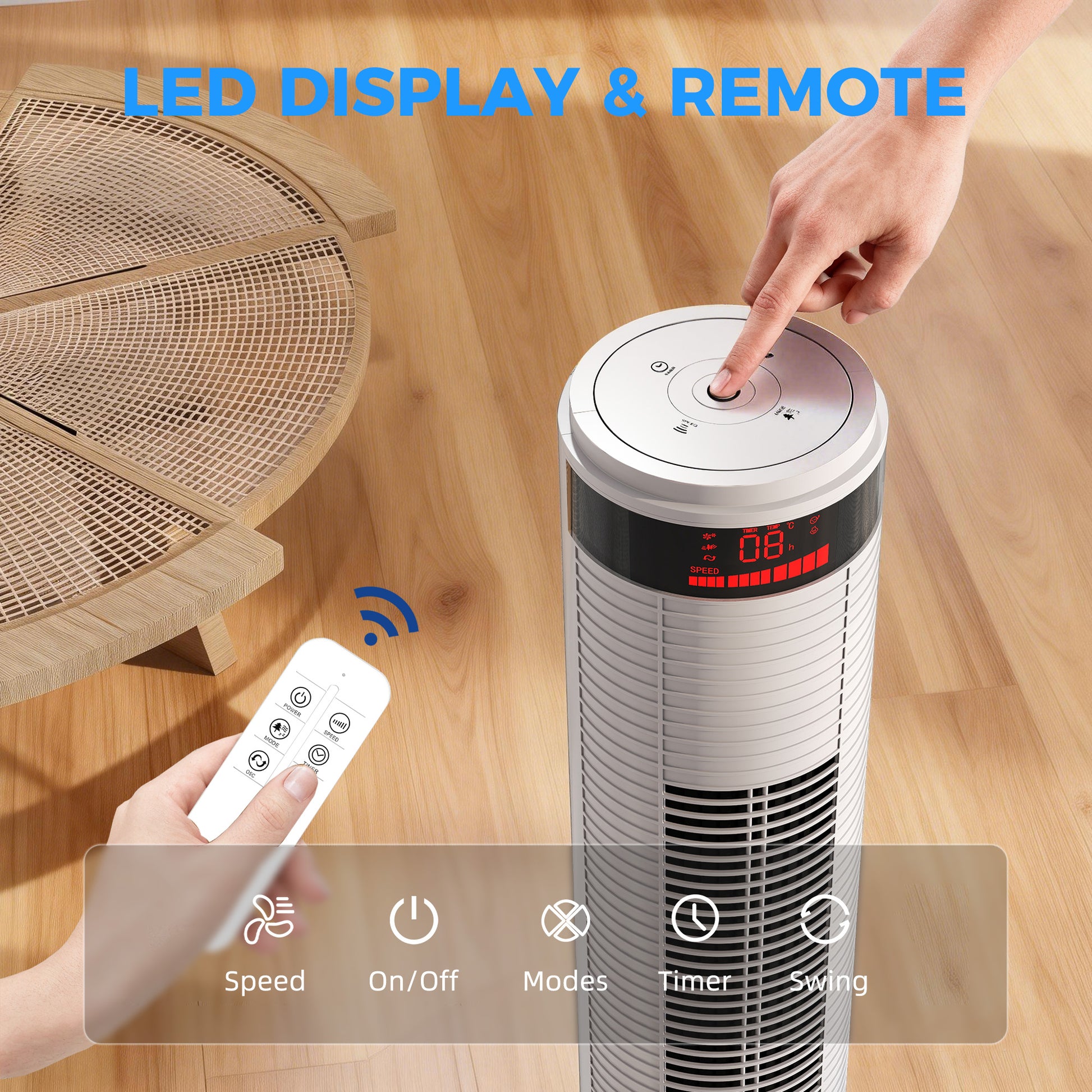 HOMCOM Oscillating Tower Fan Remote Control 3 Speed Modes Cooling Machine White