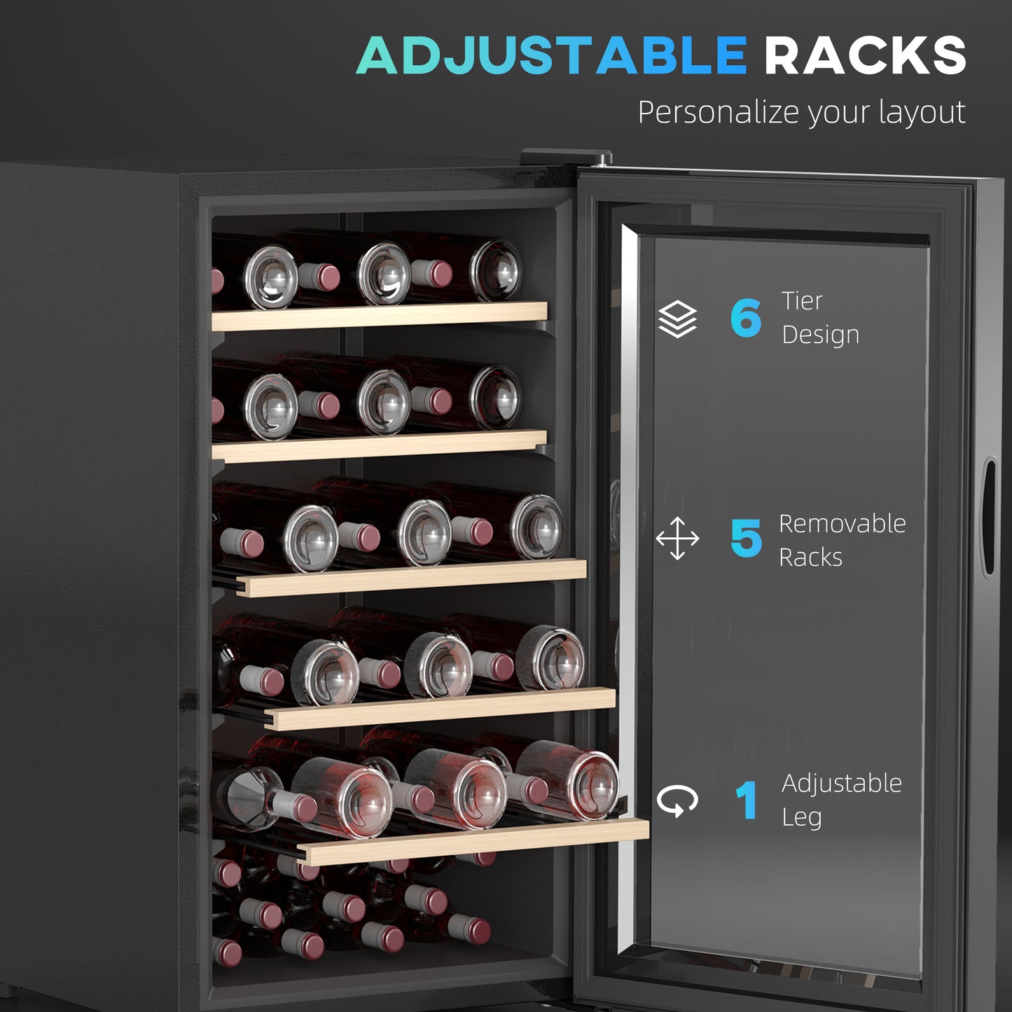 HOMCOM 41 Bottle Wine Fridge, 91 Litre Capacity, 45cm Freestanding Wine Cooler Fridge with Glass Door, LED Light, Digital Touch Screen, Temperature Control, Black