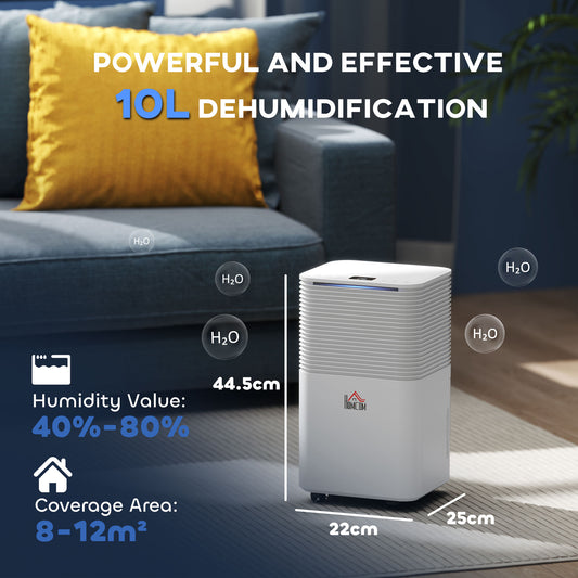 HOMCOM 10L/Day Dehumidifier with 2L Water Tank, Laundry Drying, Automatic Humidity Sensor, Electric Portable Dehumidifier with 24H Timer, 3 Modes for Home Damp, Mould and Condensation