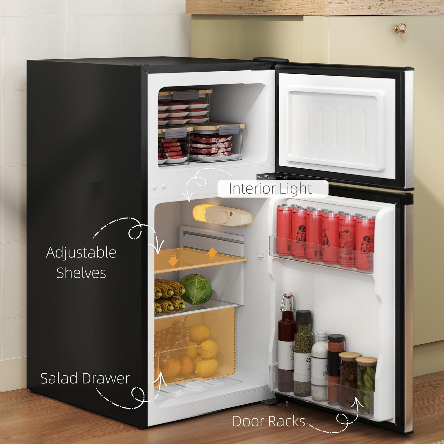 HOMCOM 88L Under Counter Fridge Freezer, Small Refrigerator with 5-Setting, 3 Star Freezer Rating, Black and Silver Tone