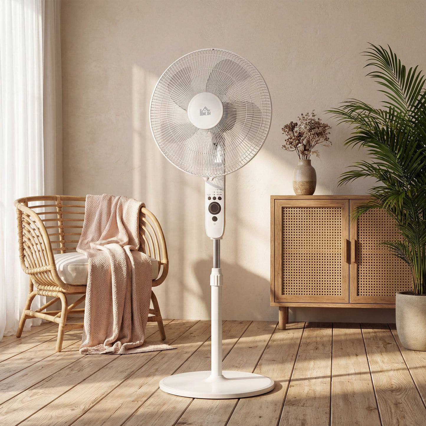 HOMCOM 124cm Pedestal Fan with Sleep Mode, Oscillating Standing Fan with 3 Modes, Remote Control, Adjustable Height, White