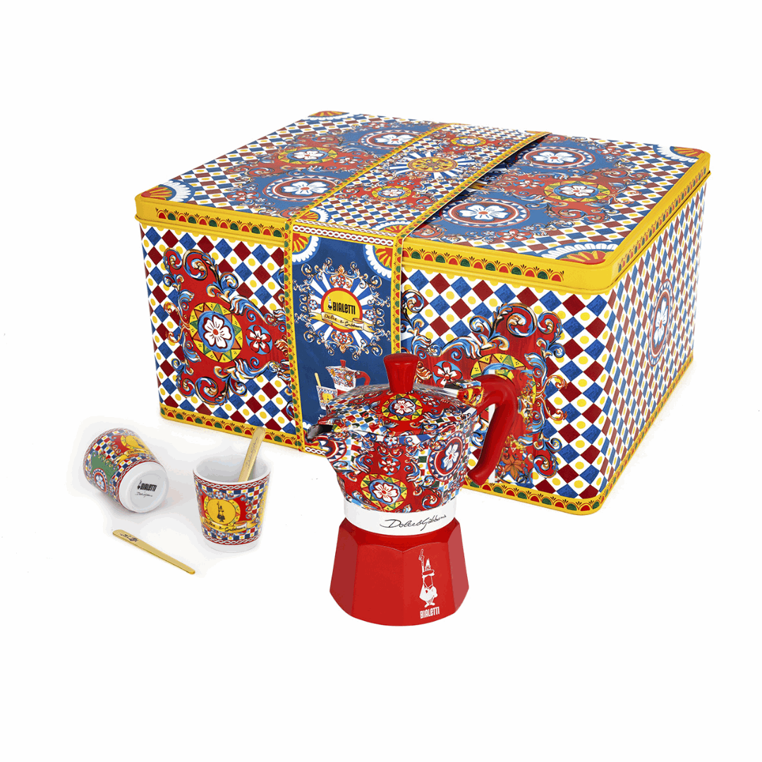 Bialetti X Dolce&Gabbana Sizilianischer Karren Geschenkset (Moka 2 Tassen, 2 Tassen & Goldene Rührer) - Tiny Lux