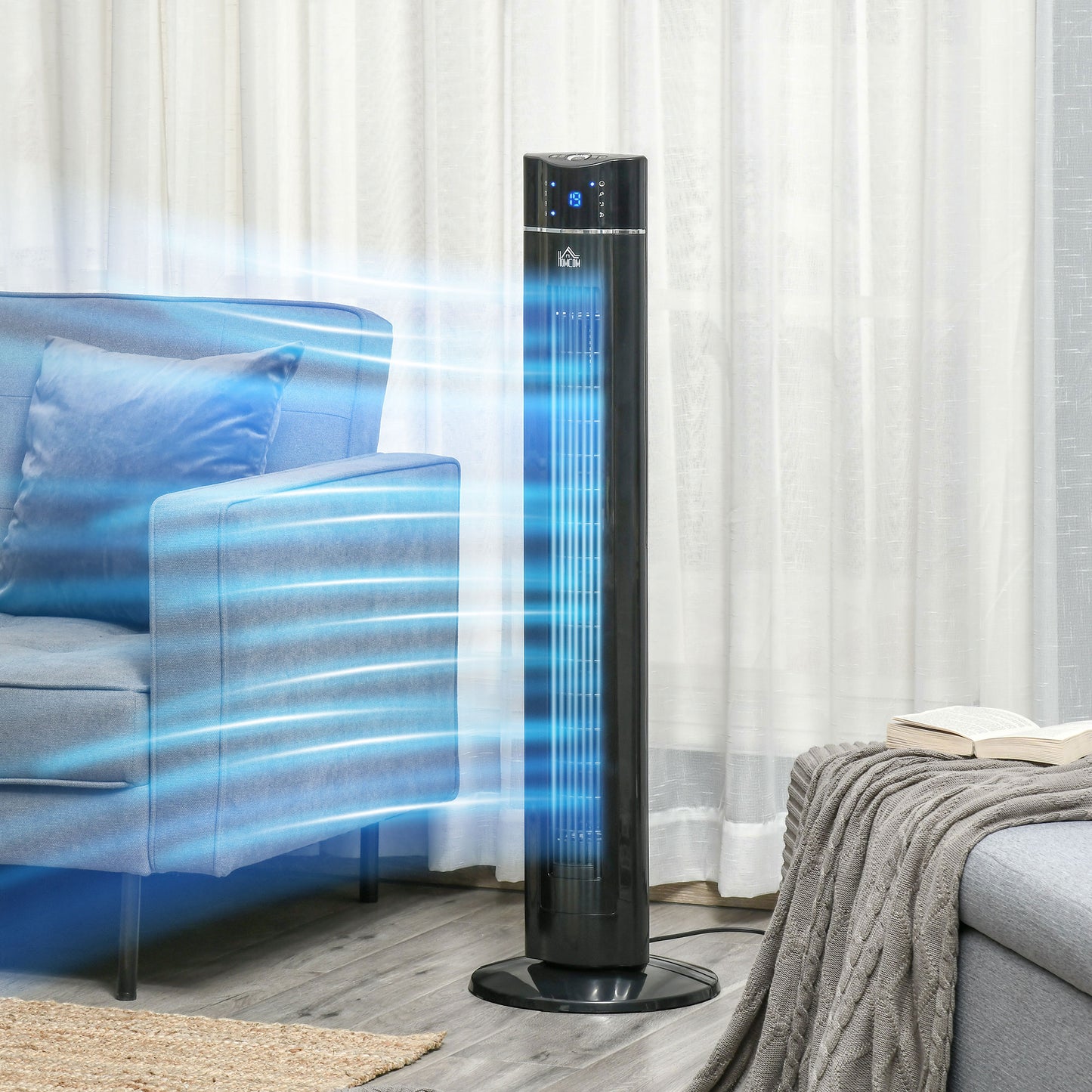 HOMCOM Anion Tower Fan for Bedroom, 42 inch, 6 m/s Powerful Velocity, Standing Floor Fan with 60° Oscillating, 3 Modes, 3 Speeds, 8 Hour Timer, LED Display, Remote Control, Black