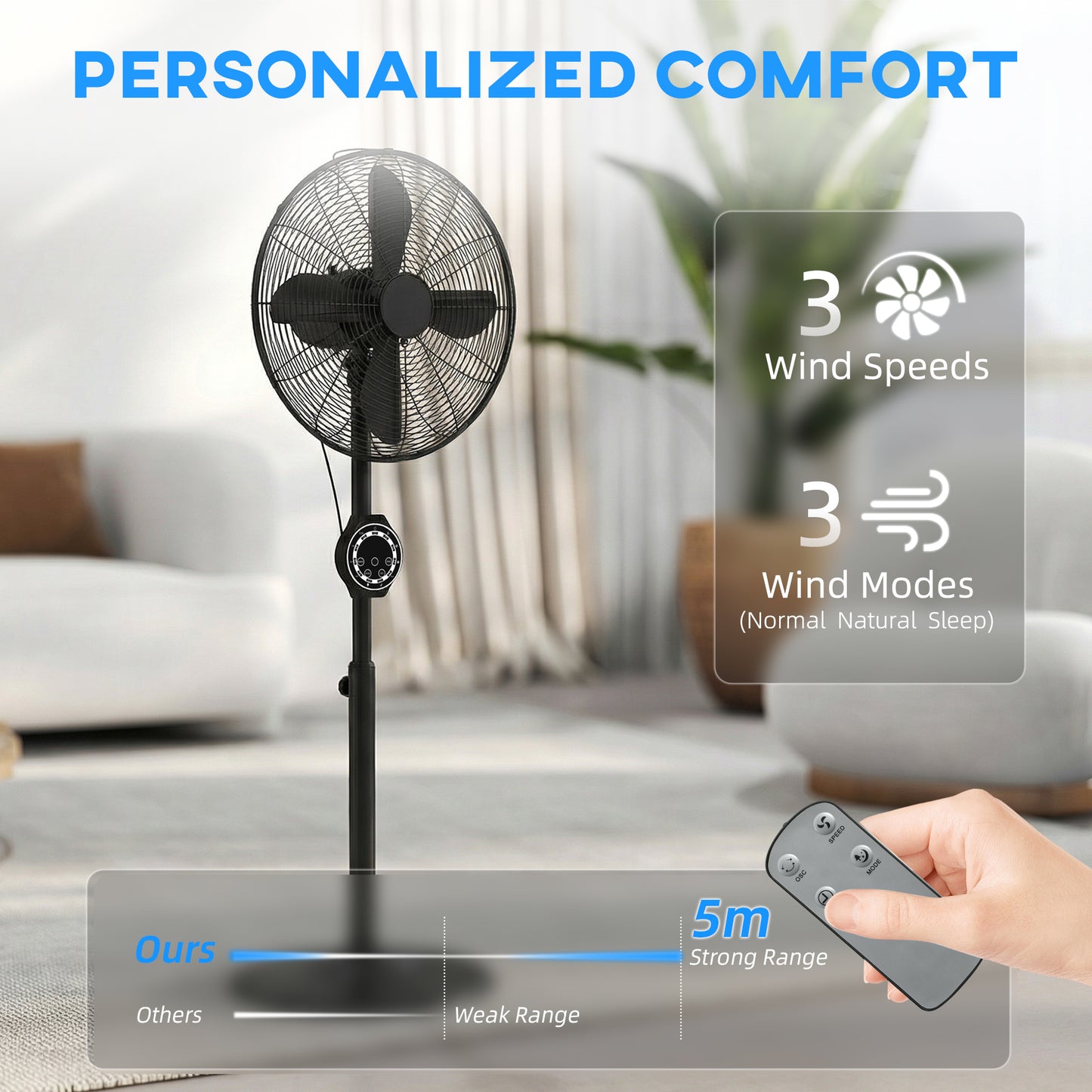 HOMCOM 41 cm Metal Pedestal Fan with Oscillating, Adjustable Height Black
