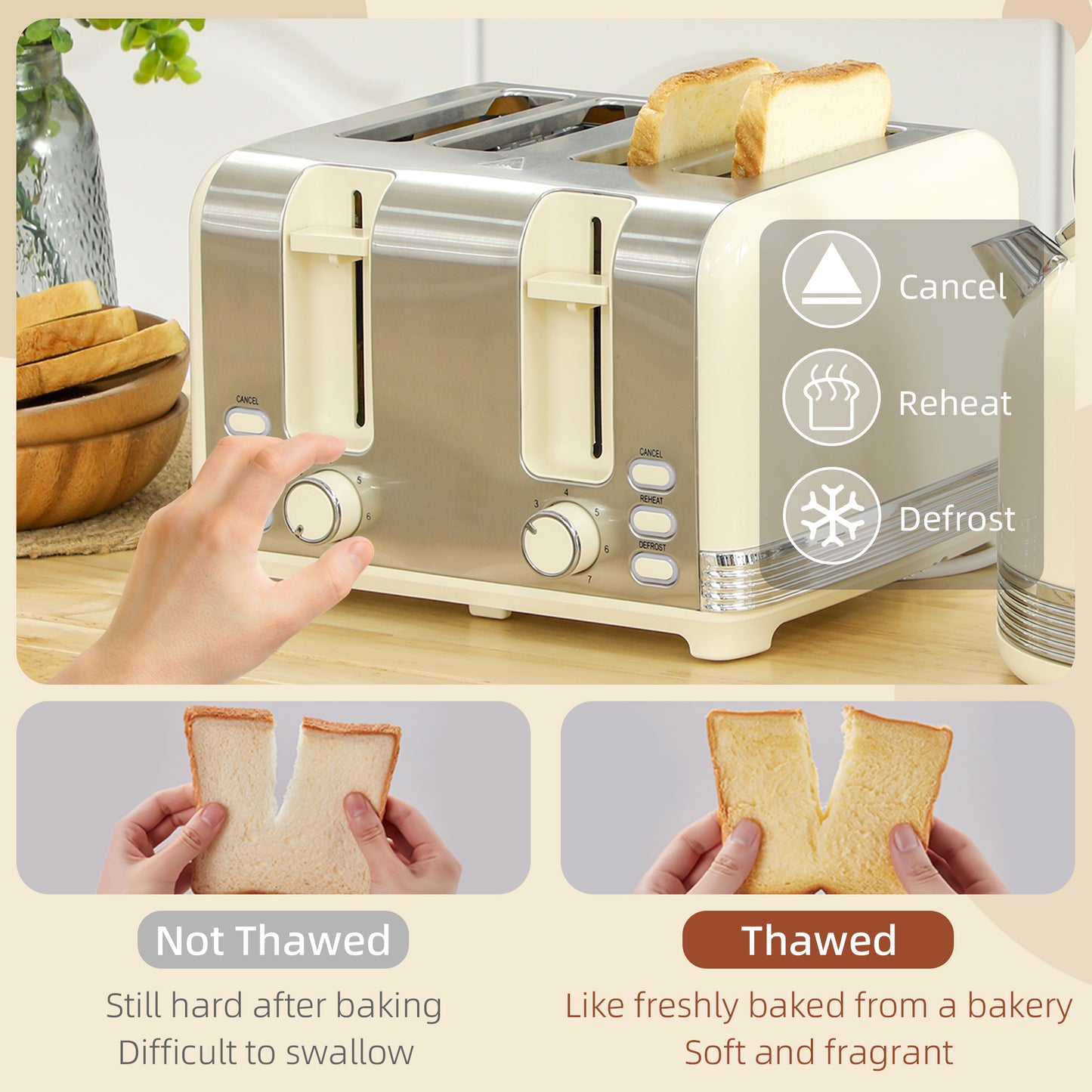 HOMCOM Kettle And Toaster Set, Polished Metal Kitchen Appliance Set for Breakfast Stations & Countertop, Cream