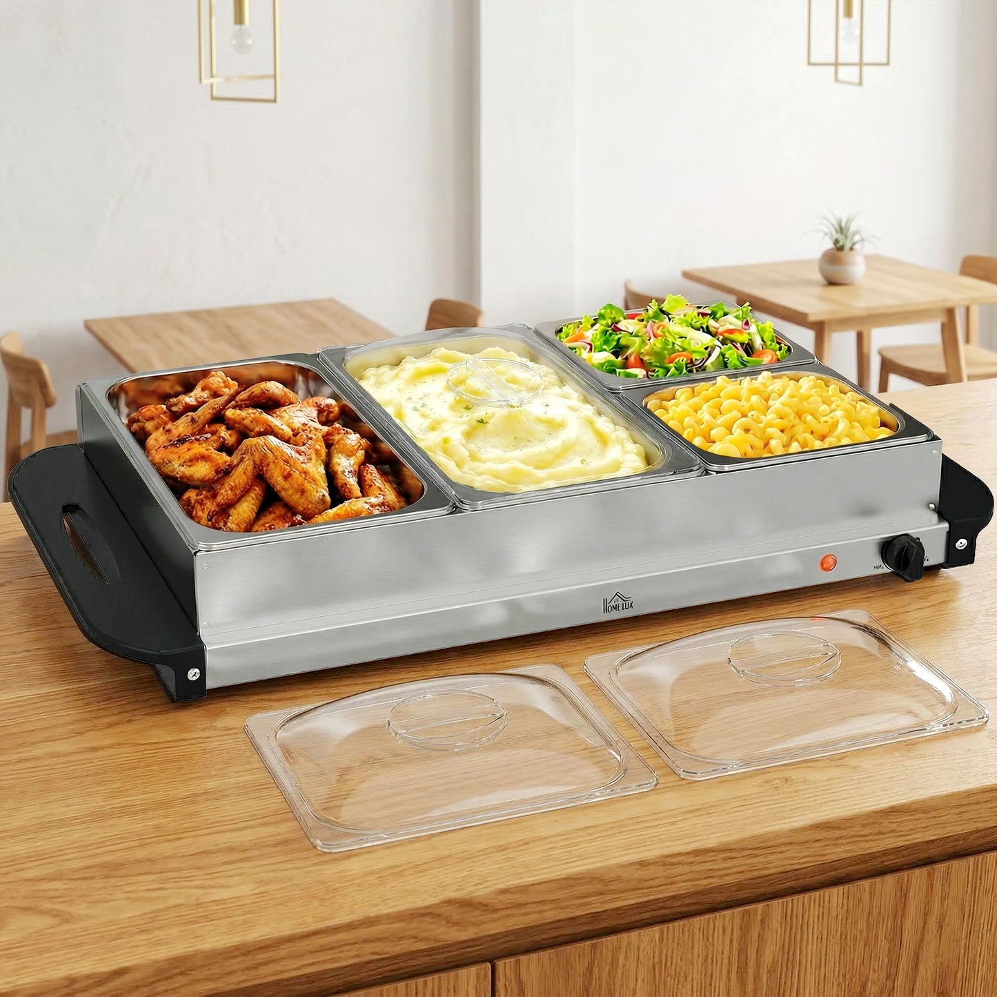 HOMCOM 4 Tray Electric Food Warmer Buffet Server with Warming Plate, Cool Touch Handles, Adjustable Temperature, 300W, 2 x 2.4L and 2 x 1L Pans