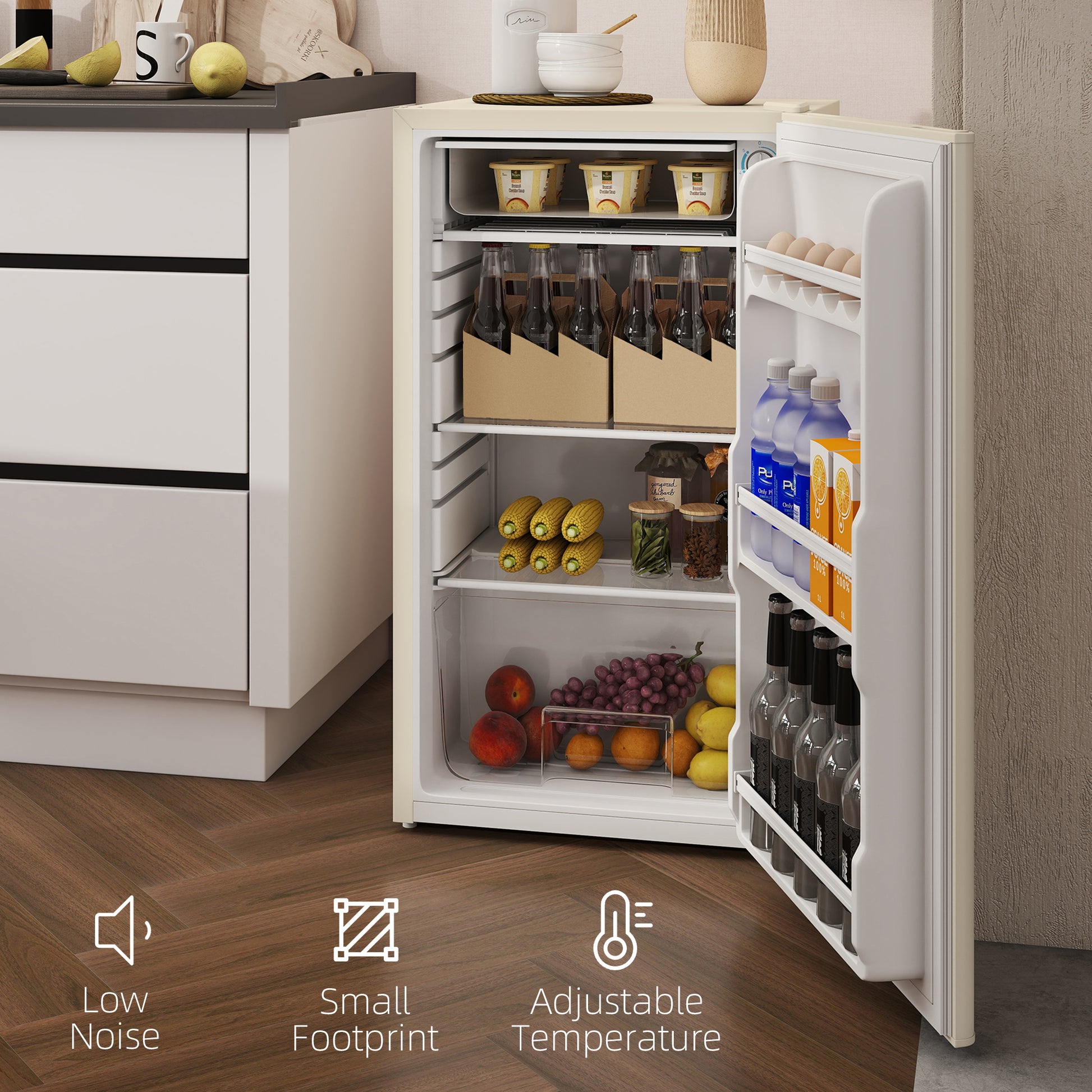 HOMCOM Under Counter Fridge, 91L Small Fridge with Chiller Box, Removable Shelf, Reversible Door, Adjustable Legs, Mini Refrigerator, Beige