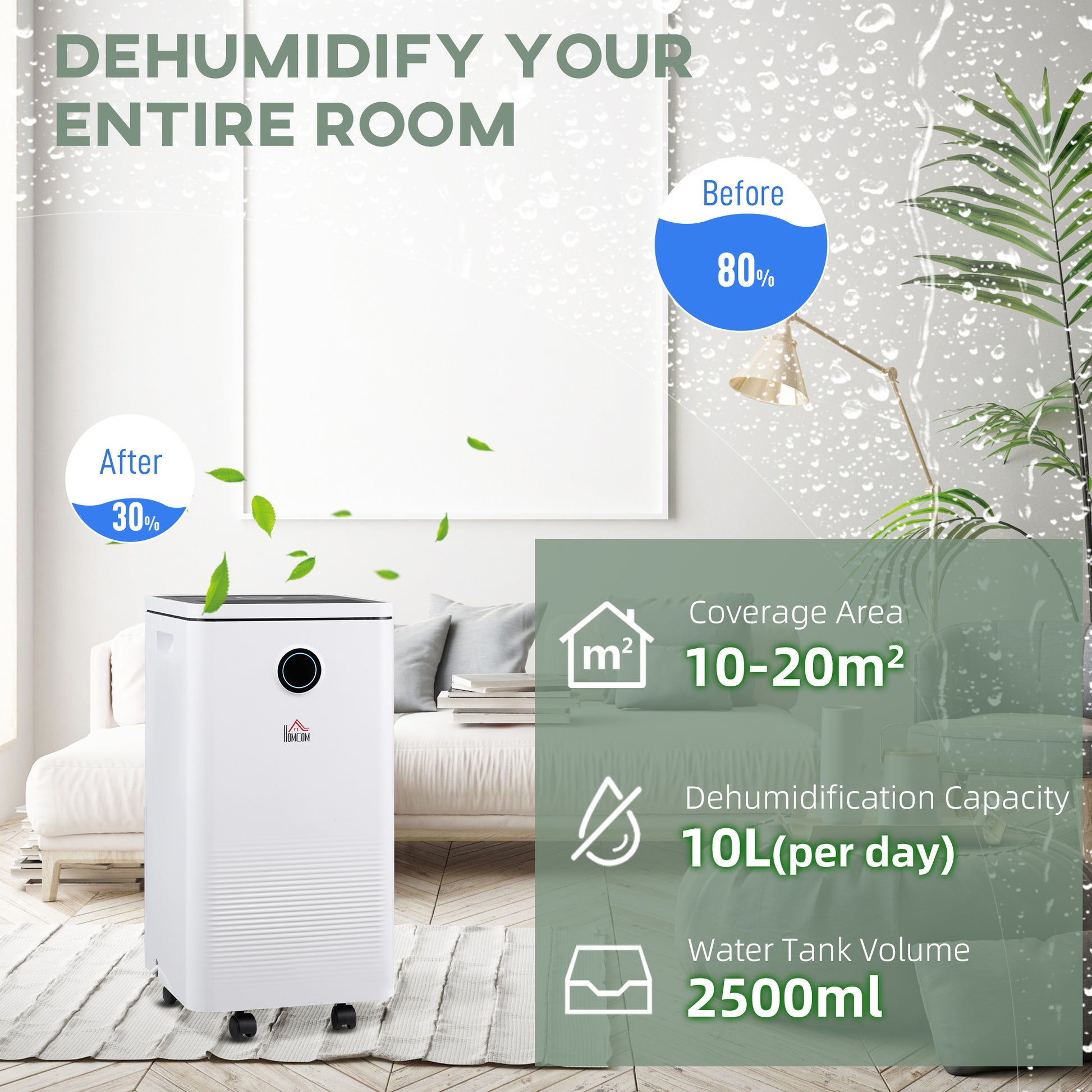 HOMCOM 10L/Day Dehumidifier with WiFi Smart App Control, 2.5L Water Tank, Digital Display, Sleep Mode, 24H Timer, Laundry Clothes Drying, for Home and Large Room Basement