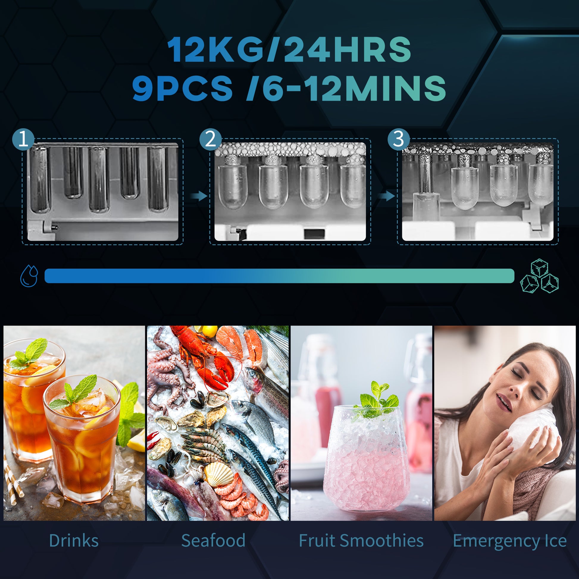 HOMCOM Ice Maker Machine Countertop, 12 KG in 24 H, 9 Cubes in 6 Mins, Portable Ice Cube Maker with Handle, Ice Scoop and Basket for Home Office Kitchen Bar Party RV, Black