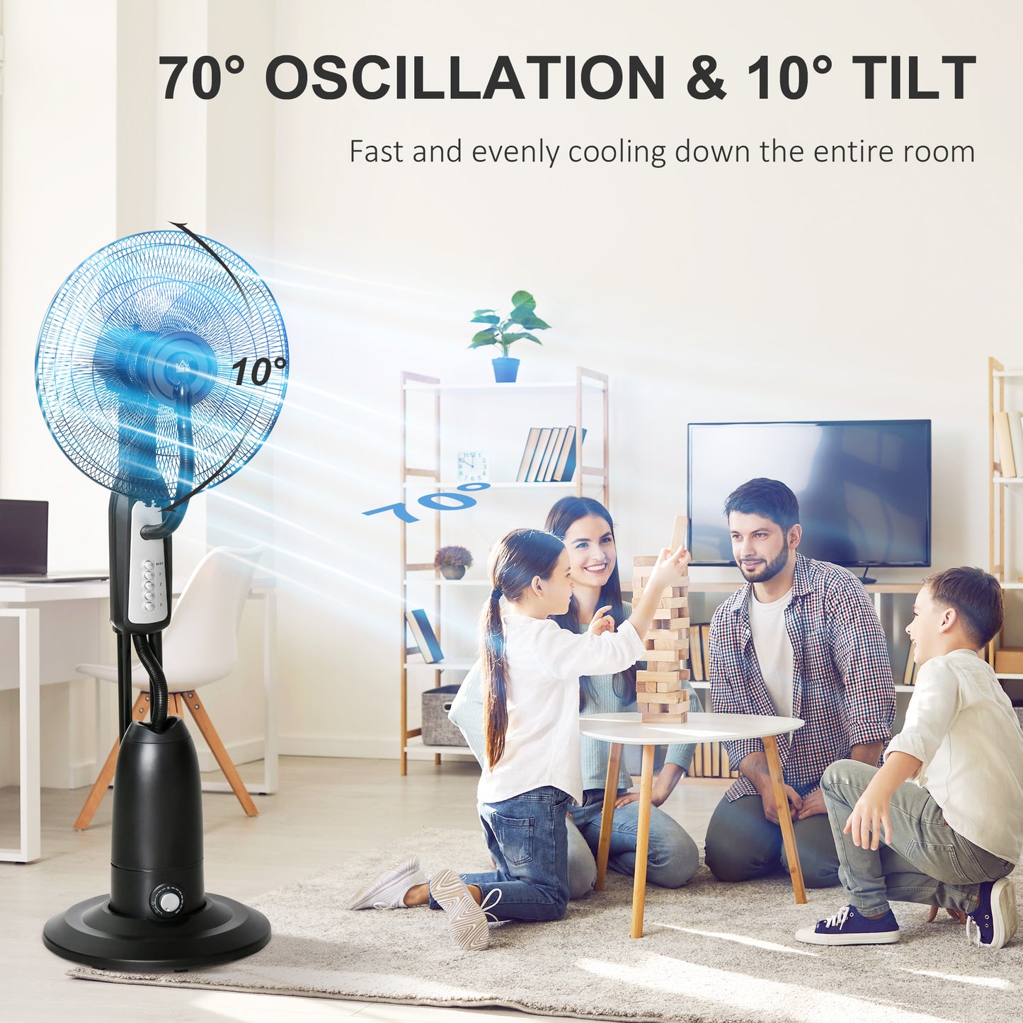 HOMCOM Spray Misting Fan, Floor Fan with Water Mist Spray, 70° Oscillation, Tilt Head, 3 Speeds, 2.8L Water Tank, Black