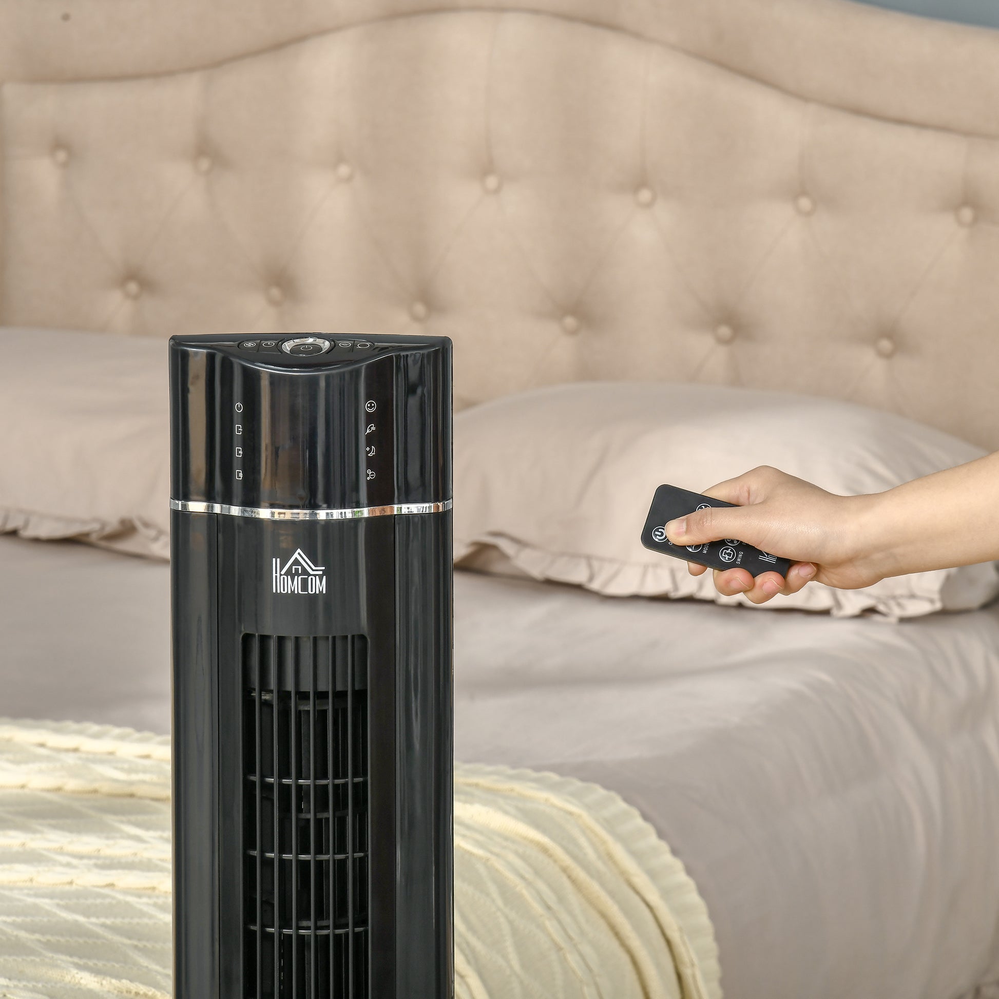 HOMCOM Anion Tower Fan for Bedroom, 42 inch, 6 m/s Powerful Velocity, Standing Floor Fan with 60° Oscillating, 3 Modes, 3 Speeds, 8 Hour Timer, LED Display, Remote Control, Black