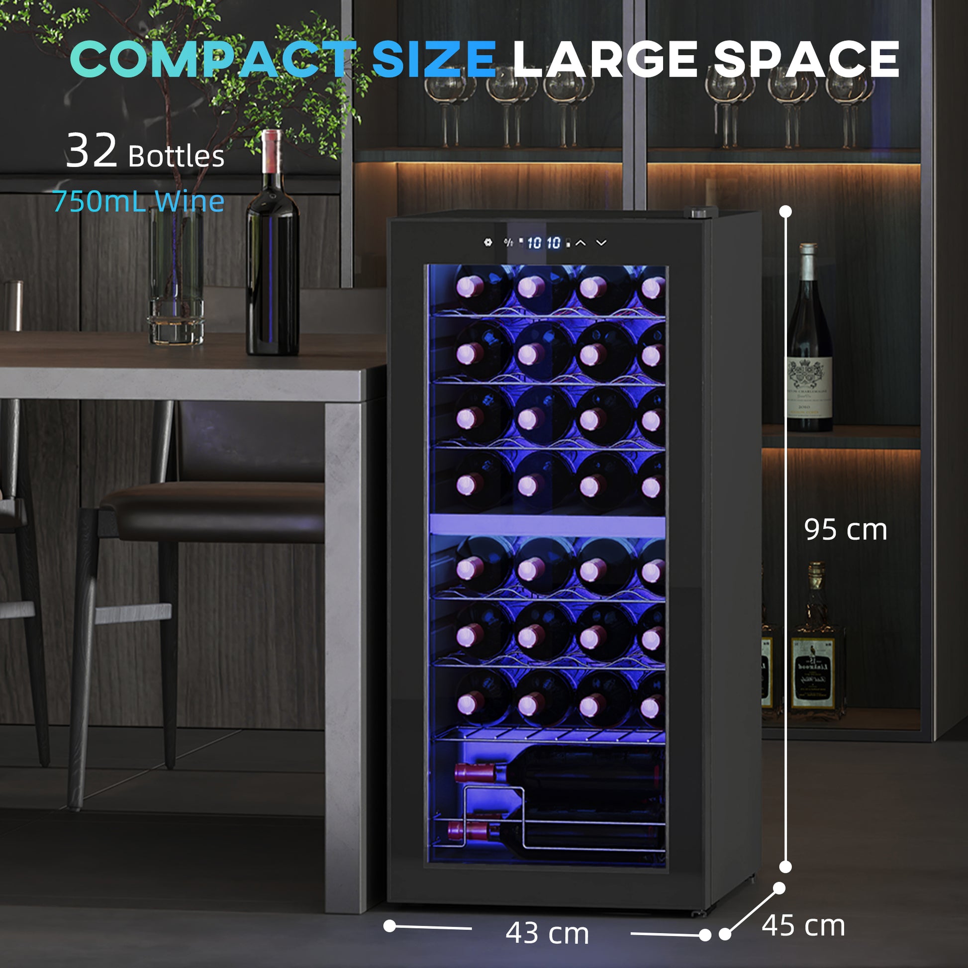 HOMCOM 32-Bottle Narrow Wine Fridge, with Lights - Black