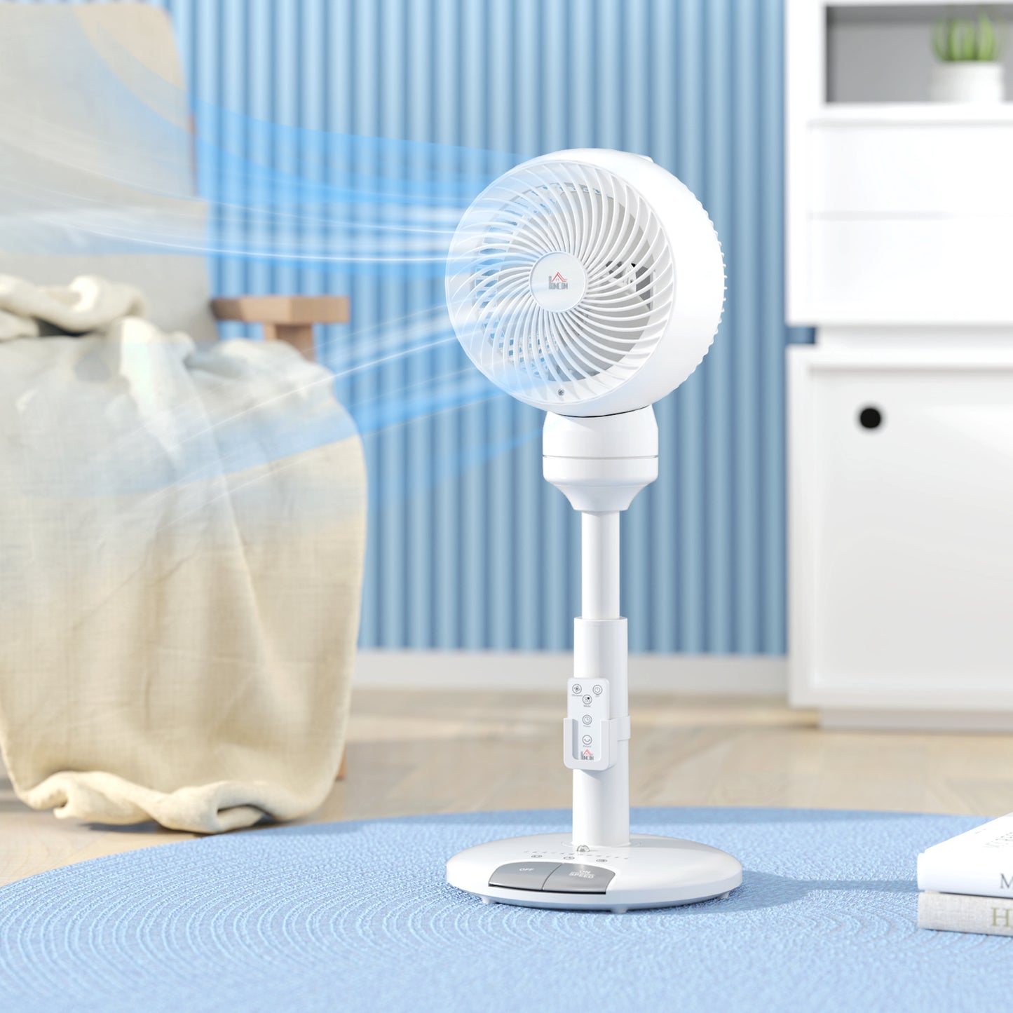 HOMCOM Standing Fan for Bedroom, 28" Pedestal Fan with Remote, 70° Oscillating, 90° Vertical Tilt, 3 Speeds, Adjustable Height, 7H Timer, Foot Button, White