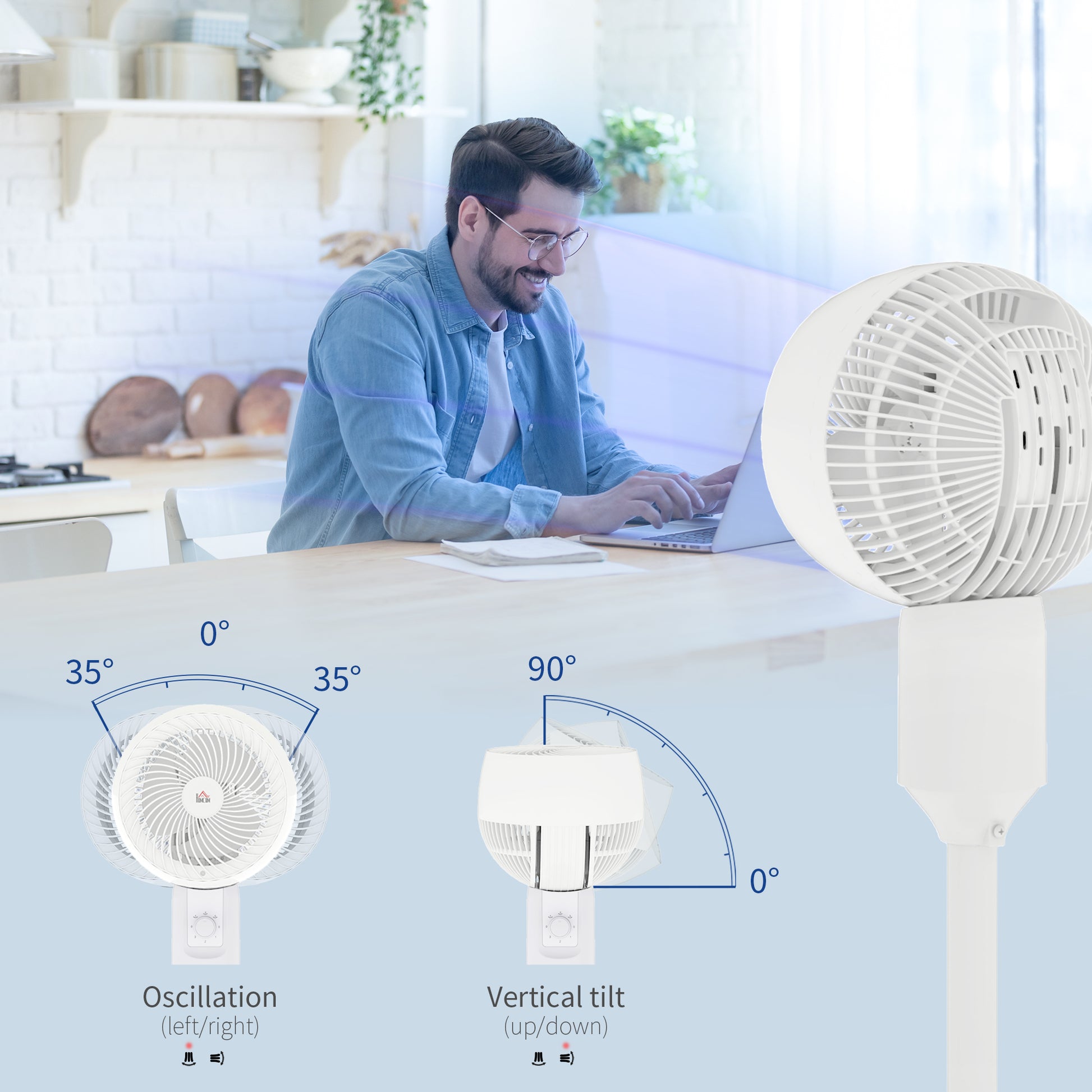 HOMCOM 32" Pedestal Fan, 70° Oscillating 90° Vertical Tilt Air Circulator with 3 Speeds, Standing Fan for Home Office, Bedroom, White