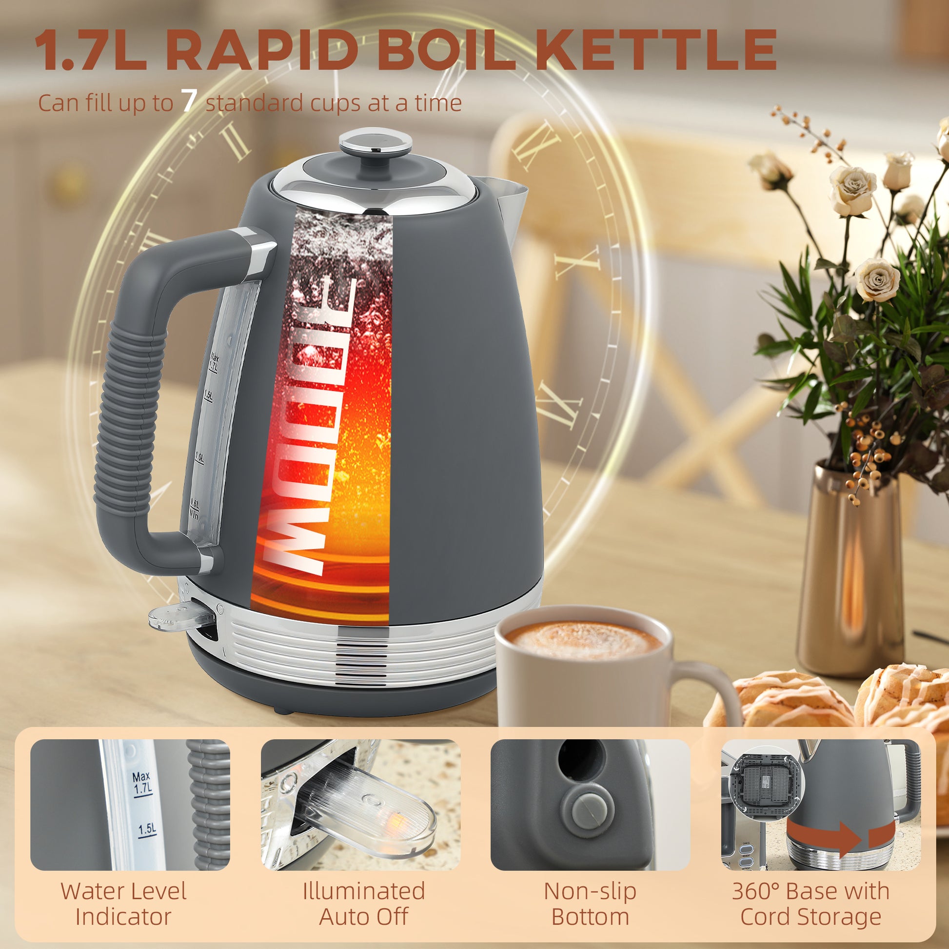 HOMCOM Stainless Steel Panel Kettle and Toaster Set - Grey