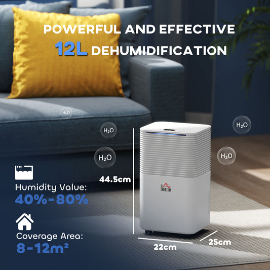 HOMCOM 12L/Day Dehumidifier with 2L Water Tank, Laundry Drying, Automatic Humidity Sensor, Electric Portable Dehumidifier with 24H Timer, 3 Modes for Home Damp, Mould and Condensation