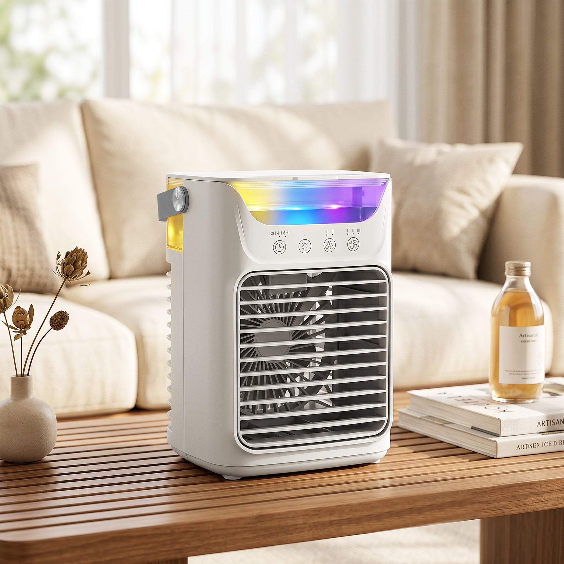 HOMCOM Air Cooler with Adjustable Head, Portable Air Conditioner with 3 Wind Speed, 2 Cool Mist, RGB Light, White