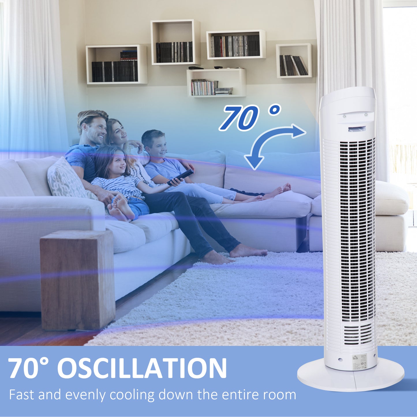 HOMCOM Tower Fan for Bedroom Cooling, 30 Inch Electric 70° Oscillating Fan with 3 Speed Settings, Standing Floor Fan for Home Office Indoor, White