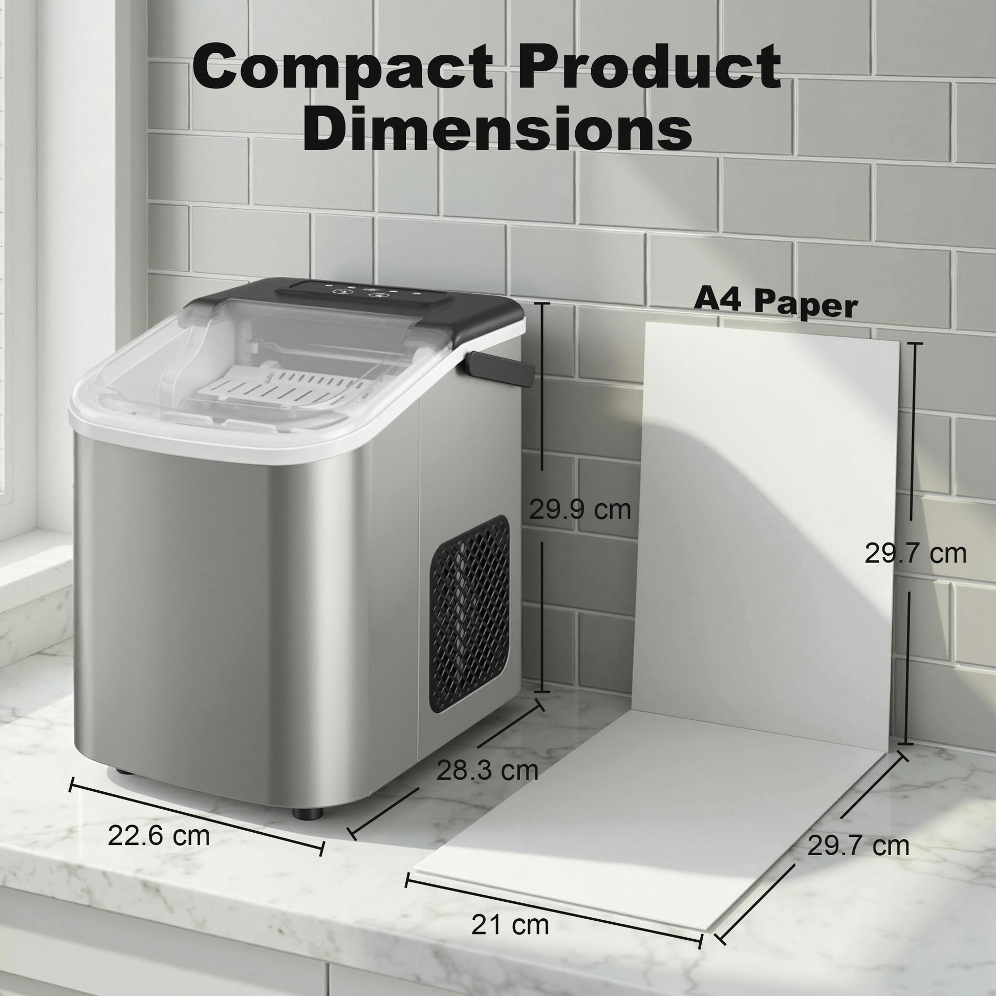 HOMCOM Ice Maker Machine Countertop, 9 Cubes Ready in 7 Mins, 12 KG in 24Hrs, 2 Sizes of Bullet, Self-Cleaning Ice Machine with Portable Handle, Scoop and Basket for Home Kitchen Office RV