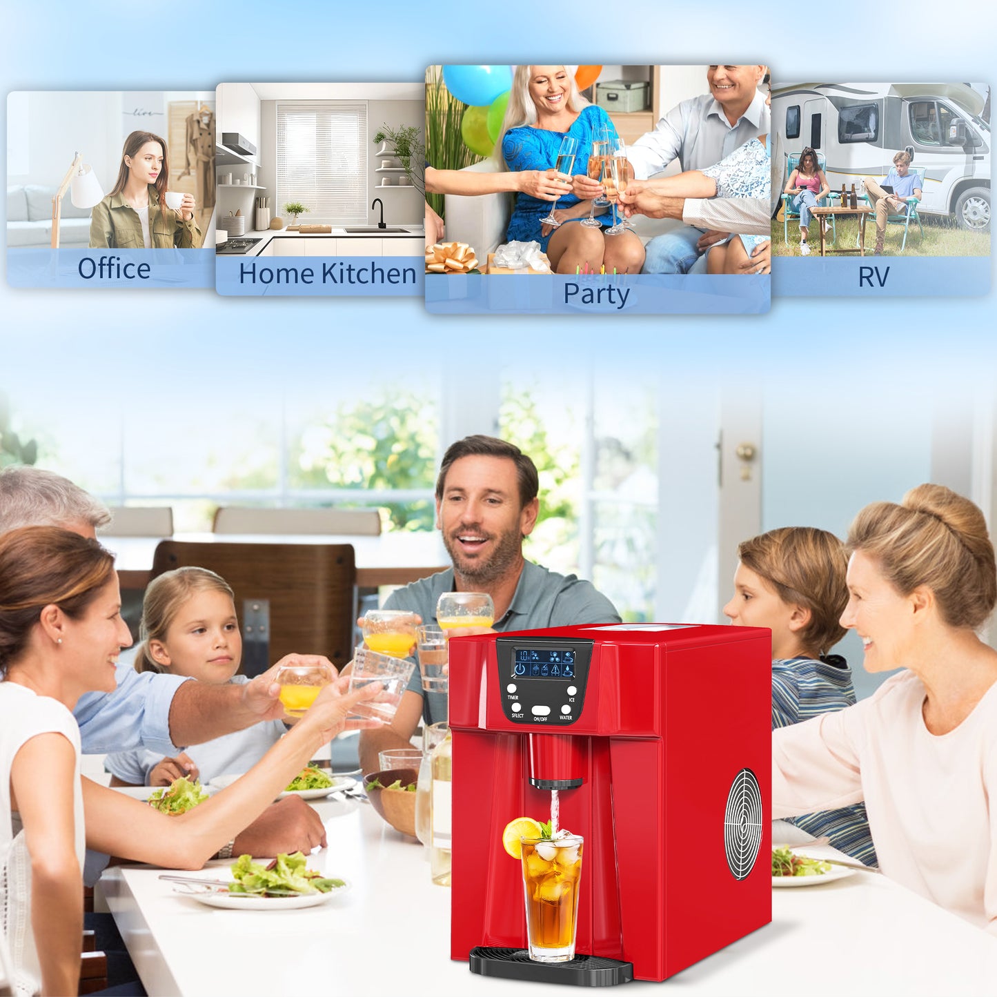 HOMCOM 3L Ice Maker Machine and Water Dispenser, 12kg in 24H, 2 Sizes 9 Ice Cubes Ready in 6-10 Mins Ice Machine, Red