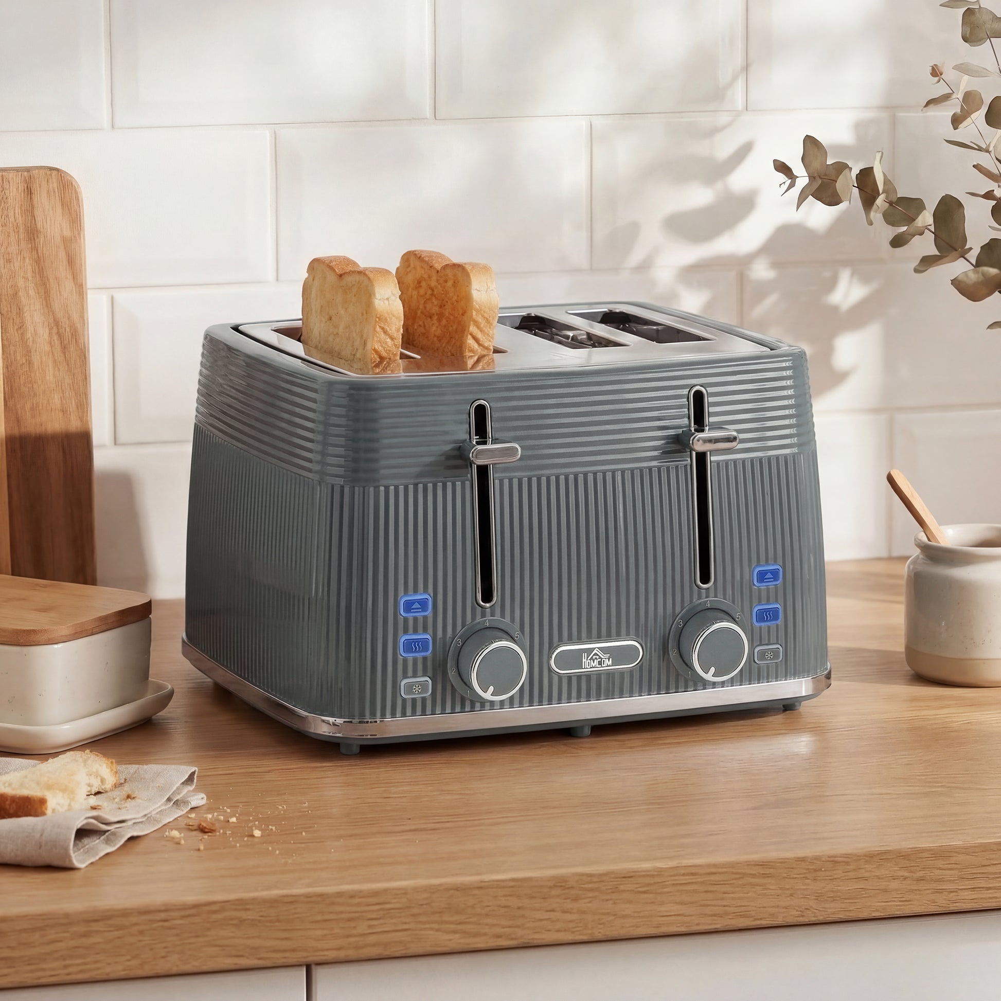 HOMCOM 4 Slice Toaster with 7 Browning Levels, Bread Toaster with Removable Crumb Tray, Grey