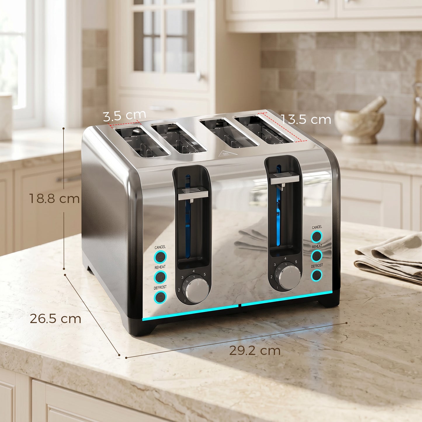 HOMCOM 4 Slice Toaster with 7 Browning Levels, Reheat, Defrost and Cancel Functions
