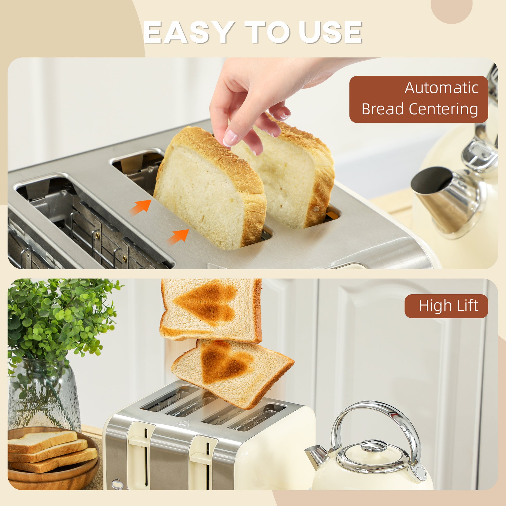HOMCOM Kettle And Toaster Set, Polished Metal Kitchen Appliance Set for Breakfast Stations & Countertop, Cream