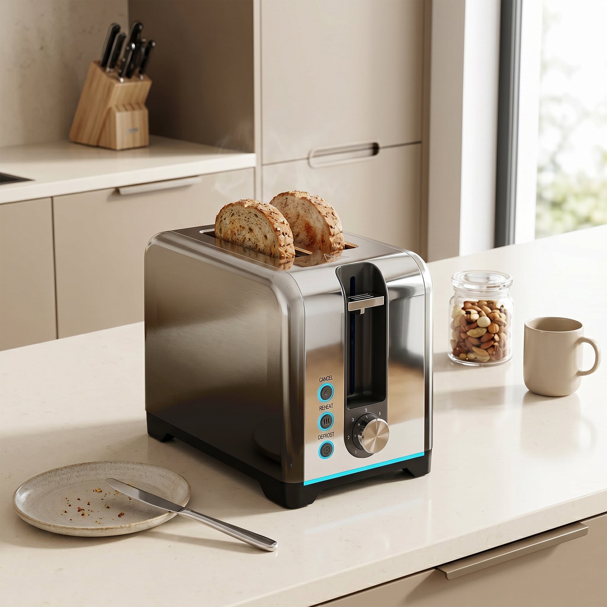 HOMCOM 2 Slice Toaster with 7 Browning Levels, Reheat, Defrost and Cancel Functions
