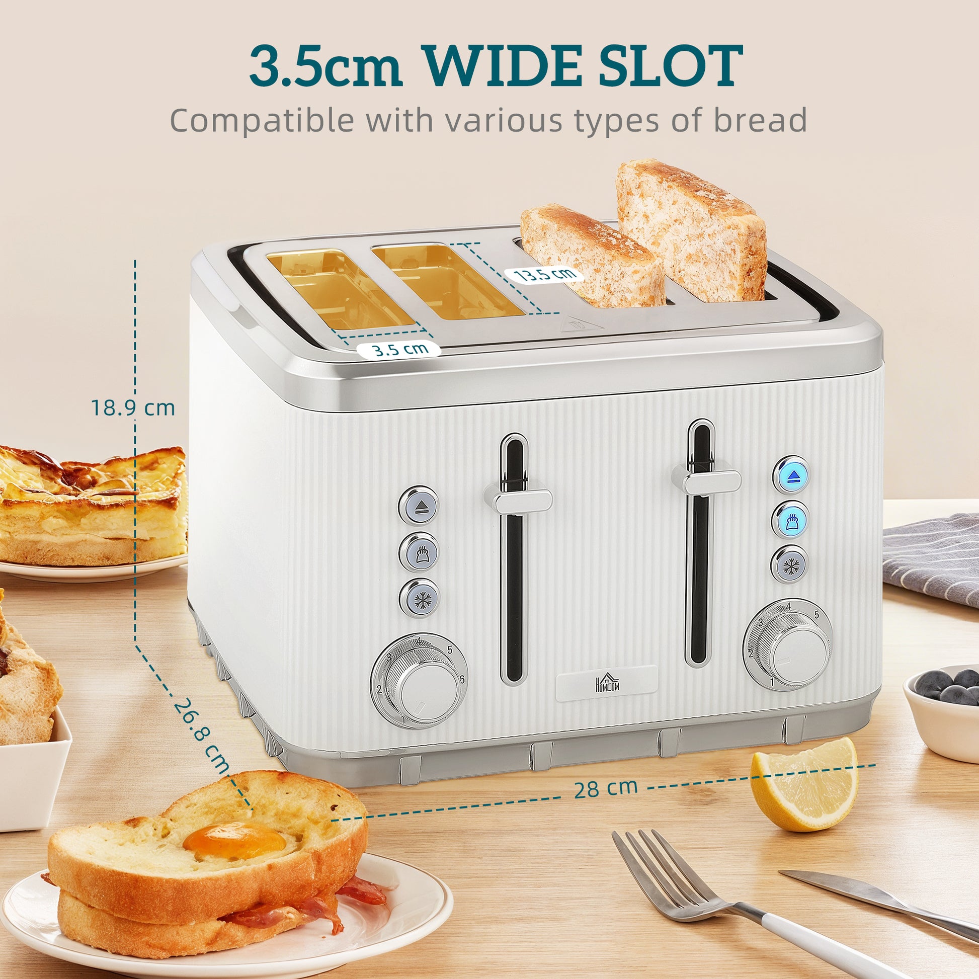 HOMCOM Electric Stainless Steel Kettle and Toaster Set, 3000W 1.7L UK Strix Thermostat Fast Boil Kettle w/ Limescale Filter, Cool Touch Body, 4 Slice Toaster with 7 Browning Levels, White