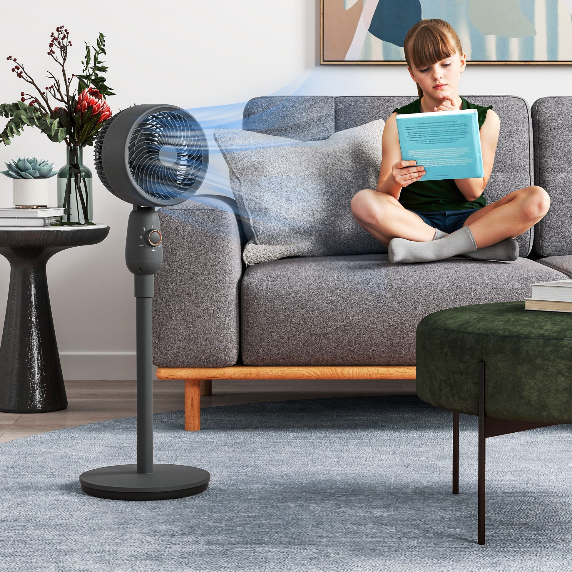 HOMCOM Pedestal Fan, Powerful Air Circulator, 36 Inch Floor Standing Fan with 3 Speed Settings, 70° Oscillating for Bedroom, Home and Office, Grey