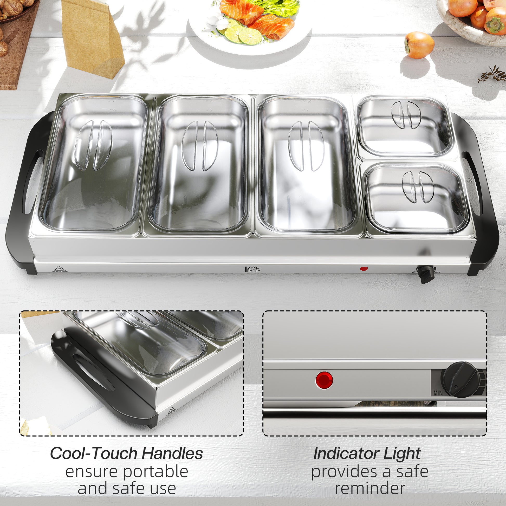 HOMCOM 5 Tray Electric Food Warmer Buffet Server with Warming Plate, Cool Touch Handles, Adjustable Temperature, 300W, 3 x 2.4L and 2 x 1L Pans