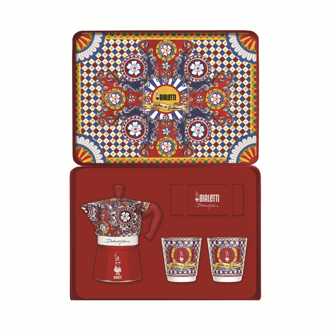 Bialetti X Dolce&Gabbana Sizilianischer Karren Geschenkset (Moka 2 Tassen, 2 Tassen & Goldene Rührer) - Tiny Lux