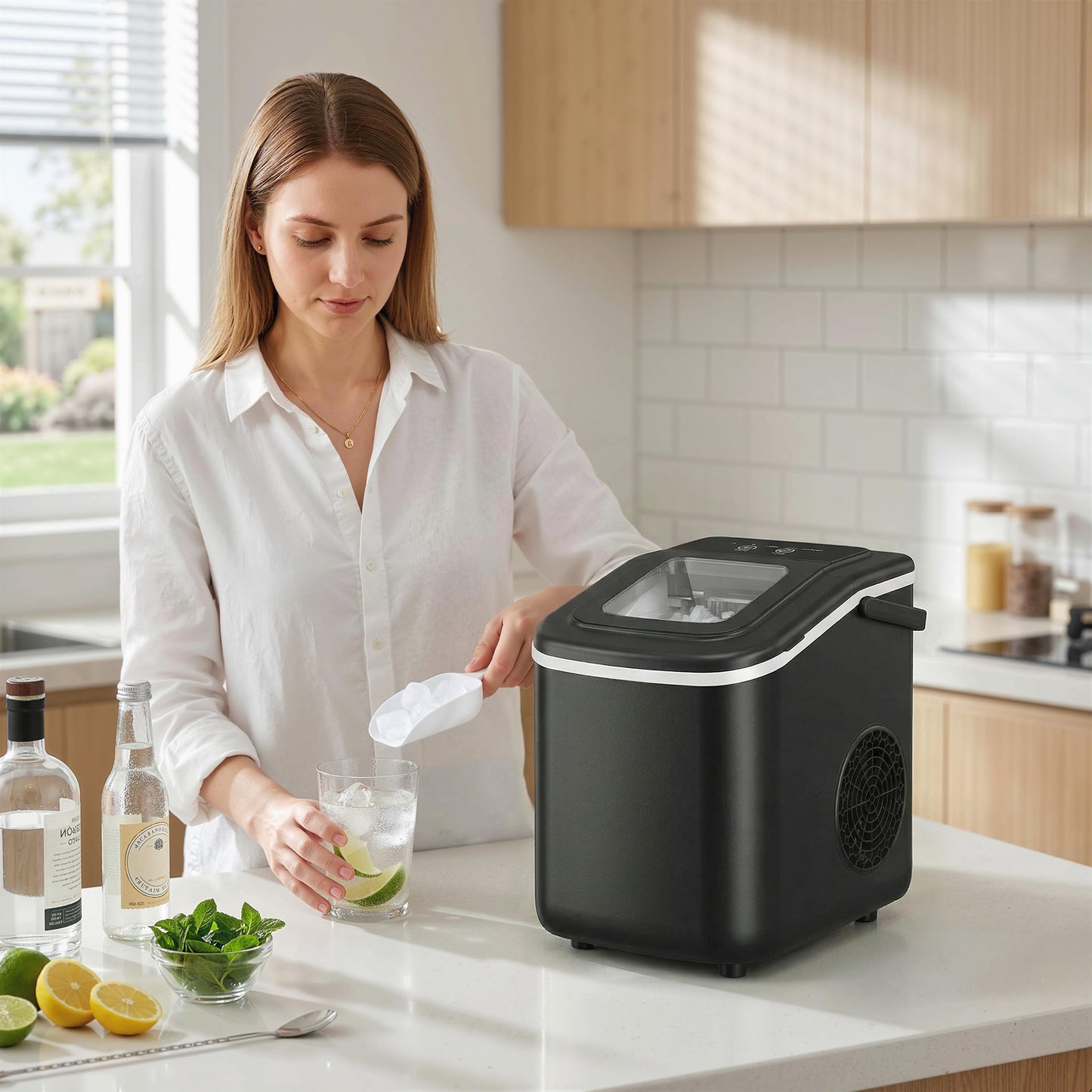HOMCOM Countertop Ice Maker Machine 9 Cubes in 7 Mins Portable Ice Machine Ice Scoop and Basket 2 Sizes Black