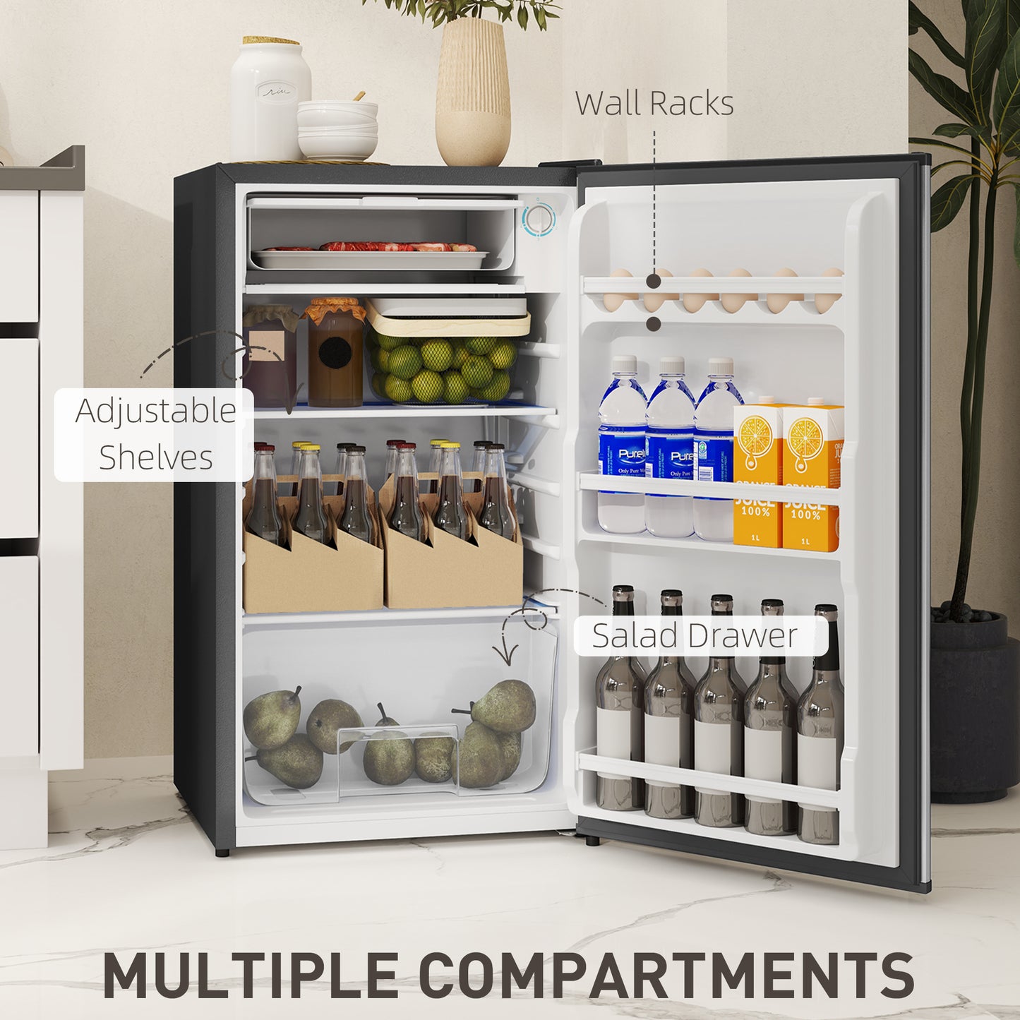 HOMCOM Under Counter Fridge, 91L Small Fridge with Chiller Box, Removable Shelf, Reversible Door, Adjustable Legs, Mini Refrigerator,  Silver Tone
