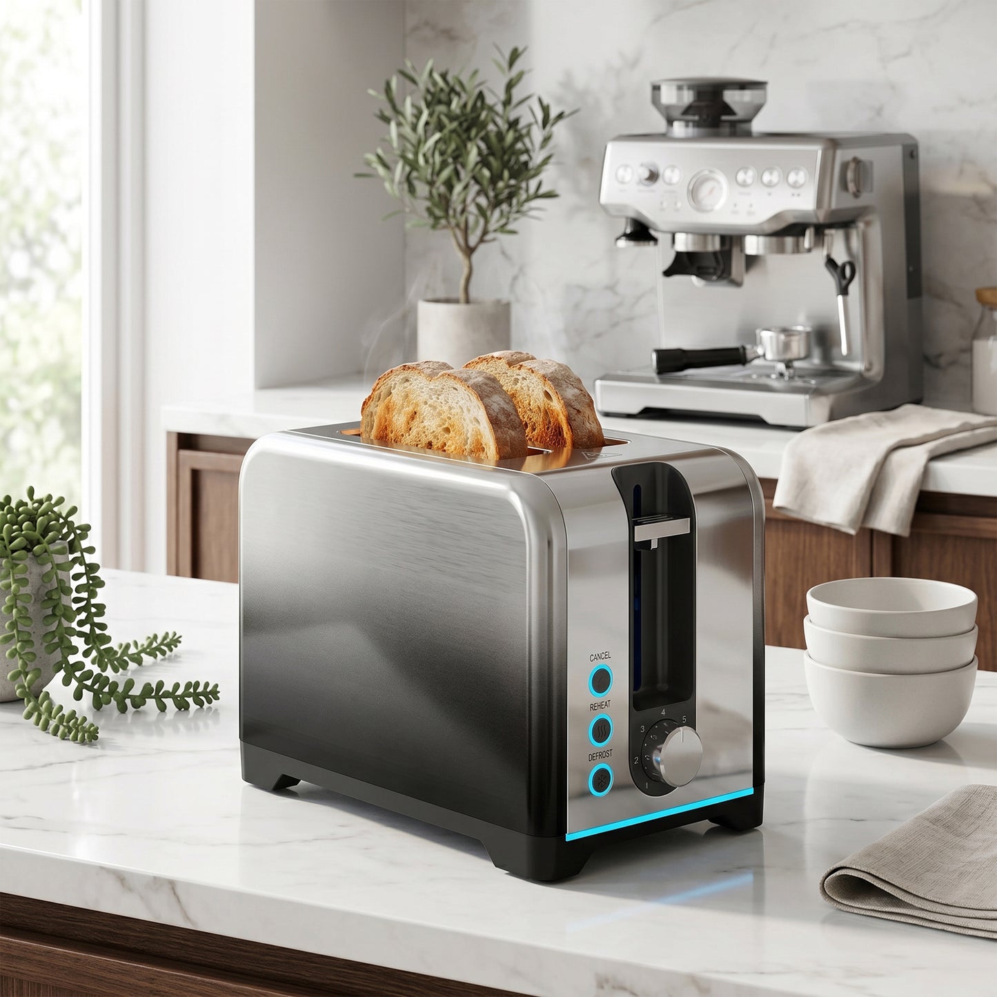 HOMCOM 2 Slice Toaster with 7 Browning Levels, Reheat, Defrost and Cancel Functions