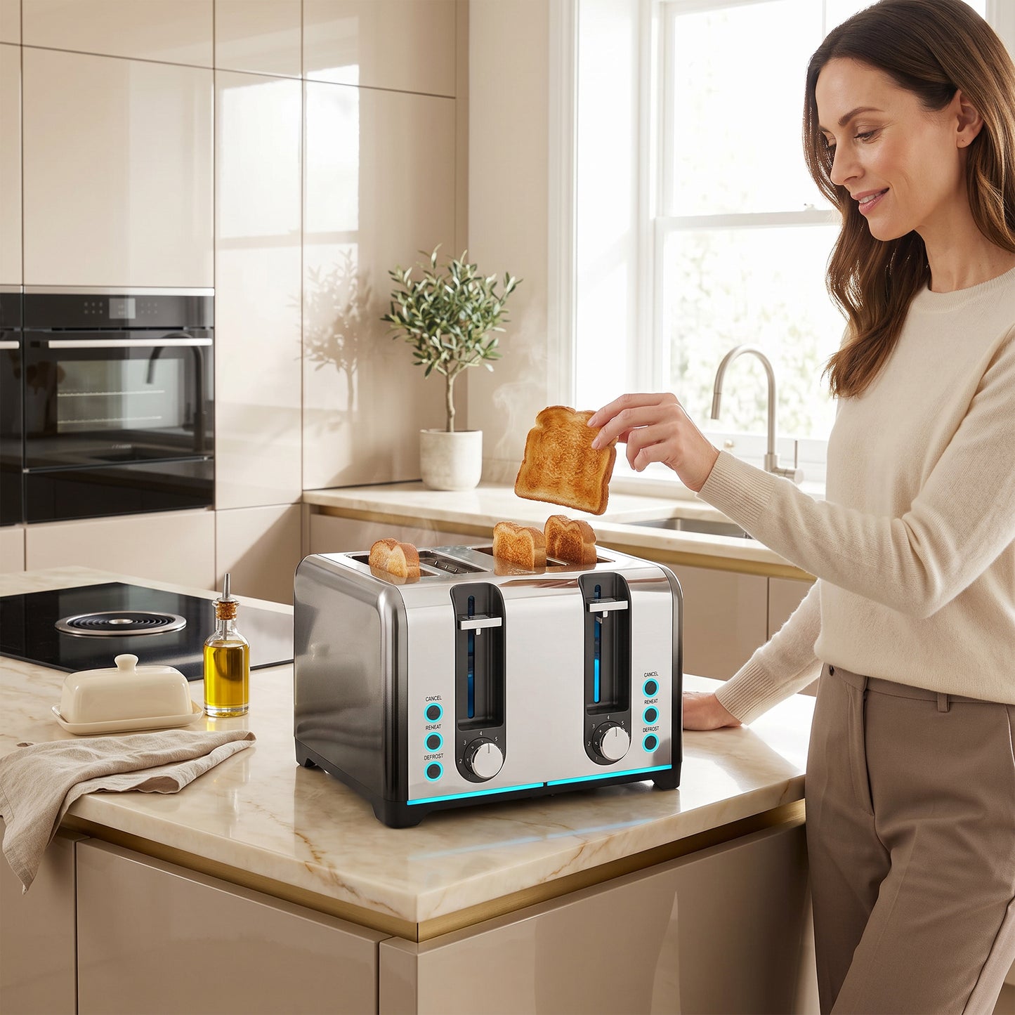 HOMCOM 4 Slice Toaster with 7 Browning Levels, Reheat, Defrost and Cancel Functions