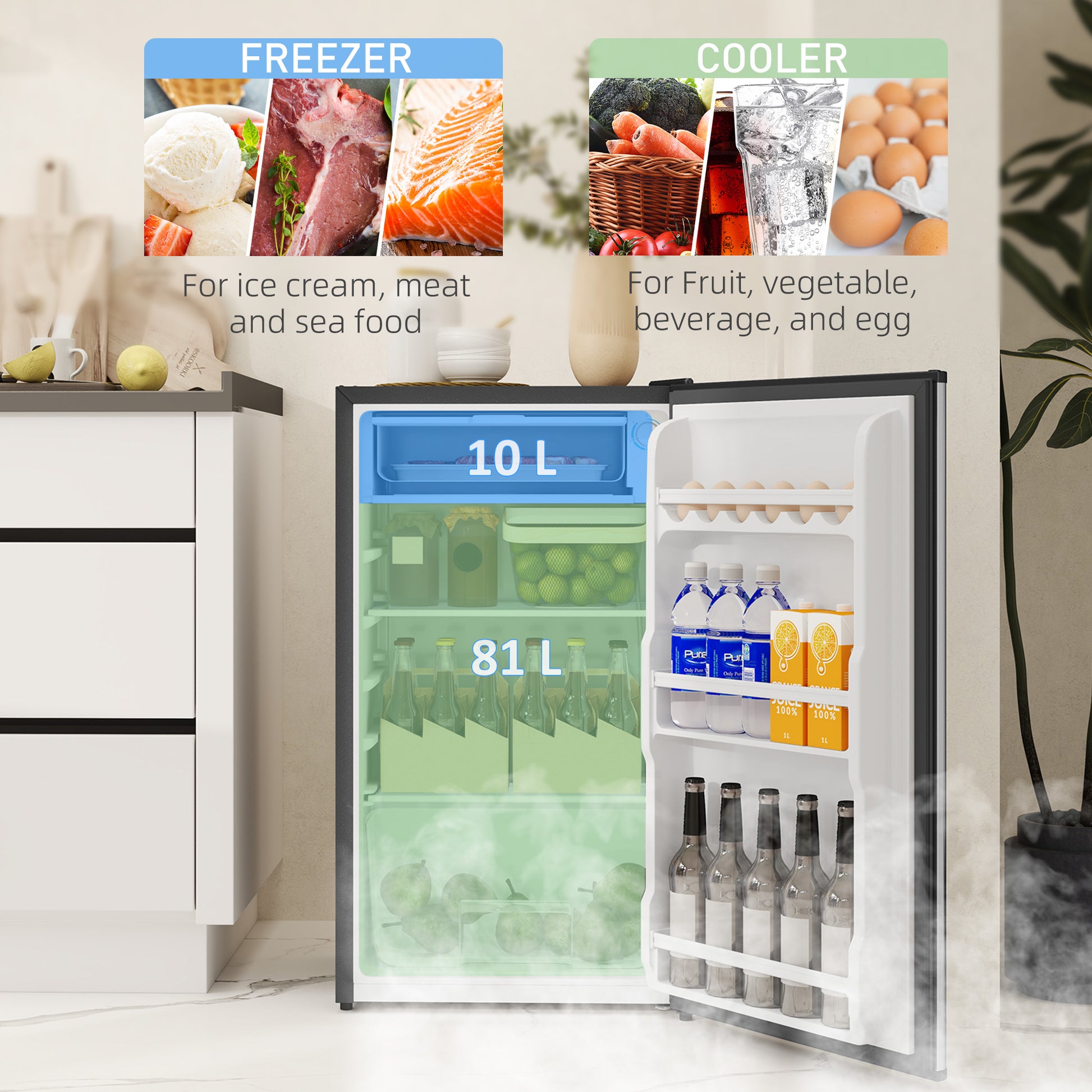 HOMCOM Under Counter Fridge, 91L Small Fridge with Chiller Box, Removable Shelf, Reversible Door, Adjustable Legs, Mini Refrigerator,  Silver Tone