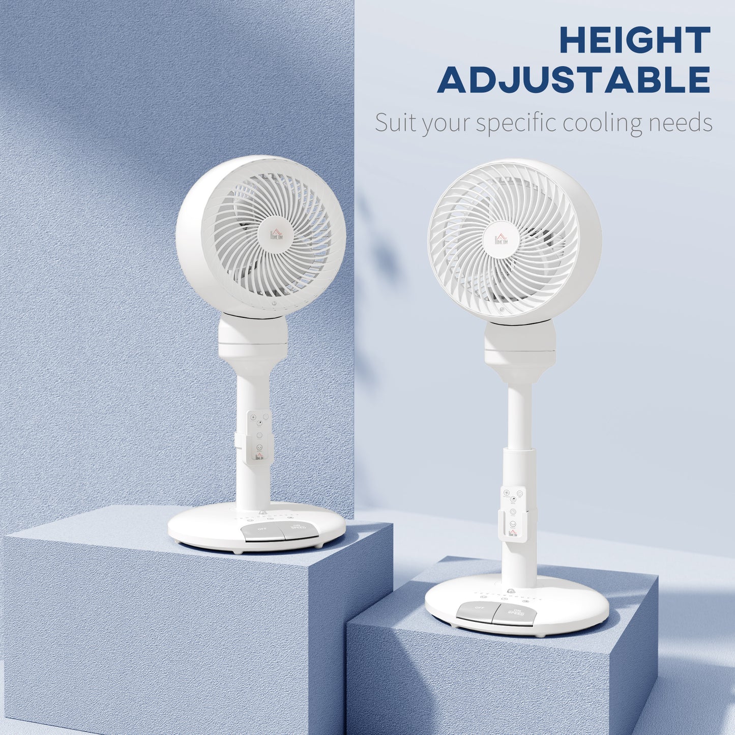 HOMCOM Standing Fan for Bedroom, 28" Pedestal Fan with Remote, 70° Oscillating, 90° Vertical Tilt, 3 Speeds, Adjustable Height, 7H Timer, Foot Button, White