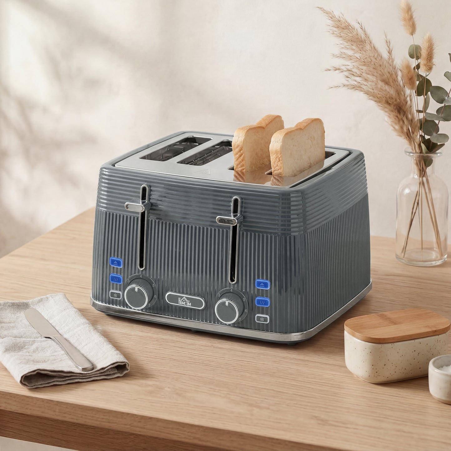 HOMCOM 4 Slice Toaster with 7 Browning Levels, Bread Toaster with Removable Crumb Tray, Grey