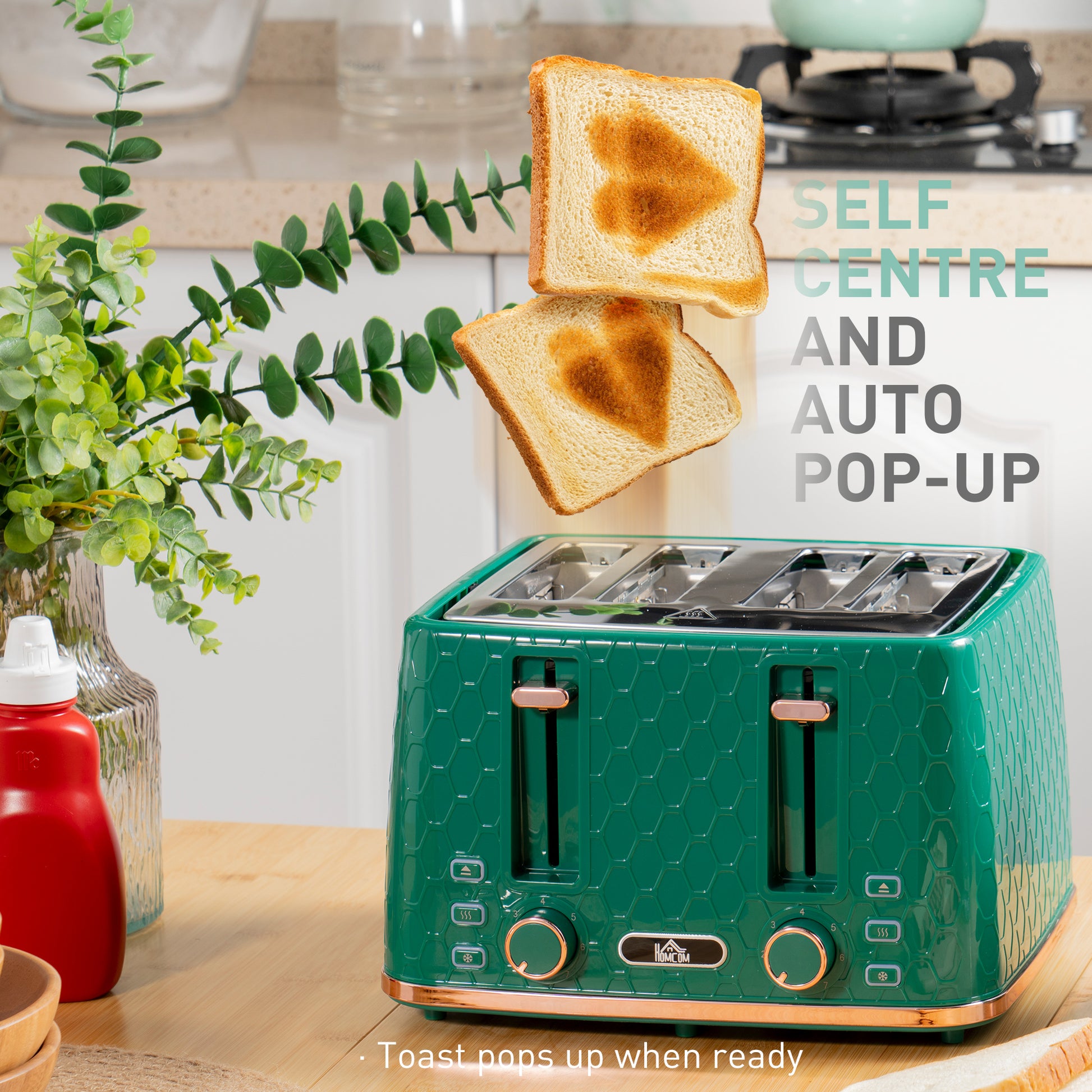 HOMCOM Kettle and Toaster Set, 1.7L 3000W Fast Boil Jug Kettle with Auto Shut Off, 4 Slice Toaster with 7 Level Browning Controls & Crumb Tray, UK Otter Thermostat, Green