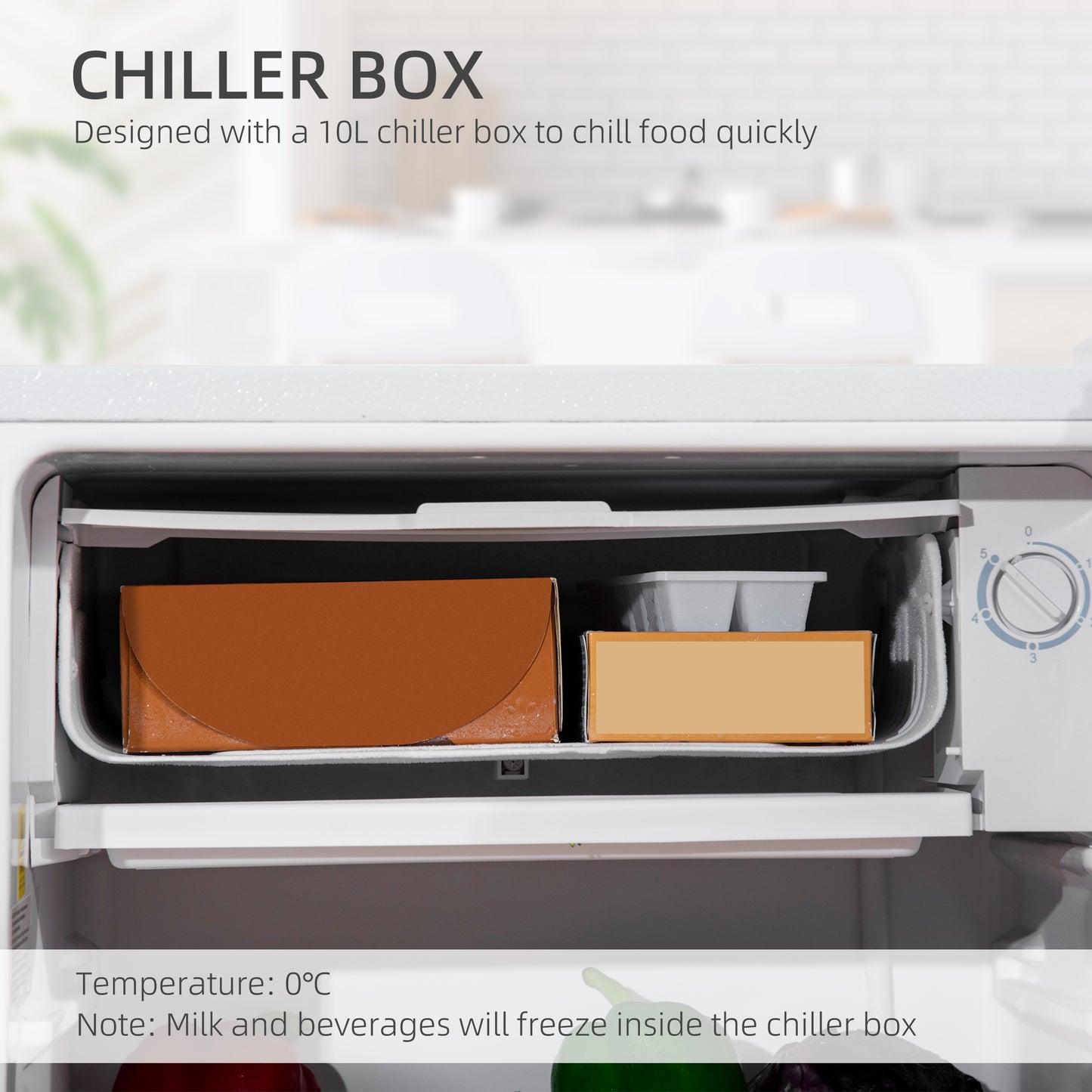 HOMCOM 91L Small Fridge with Chiller Box Under Counter Fridge with Reversible Door, Good Housekeeping Institute Approved, White