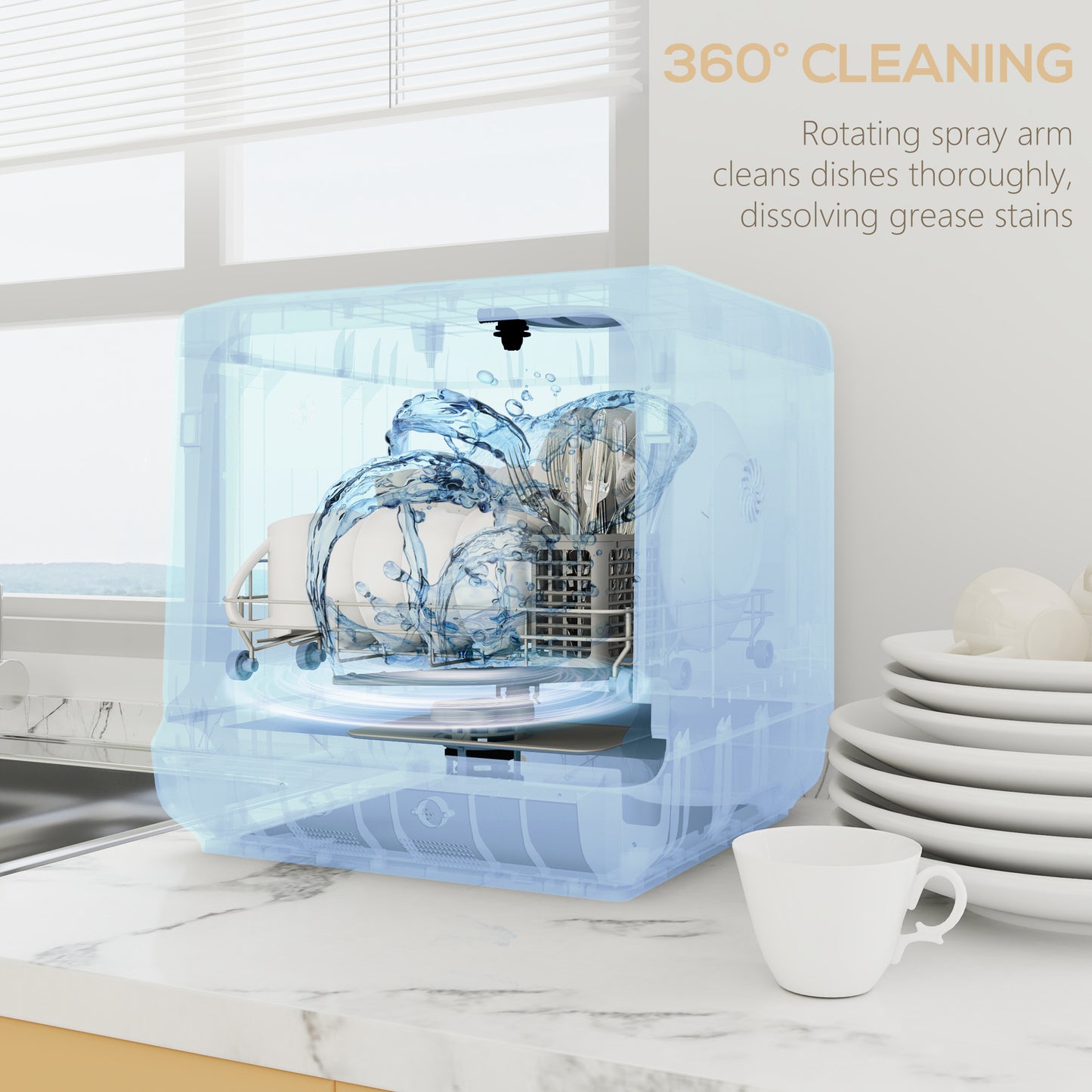 HOMCOM Table Top Dishwasher with Built-in 6L Water Tank, Mini Countertop Dishwasher with 6 Programs, 4 Place Settings, White
