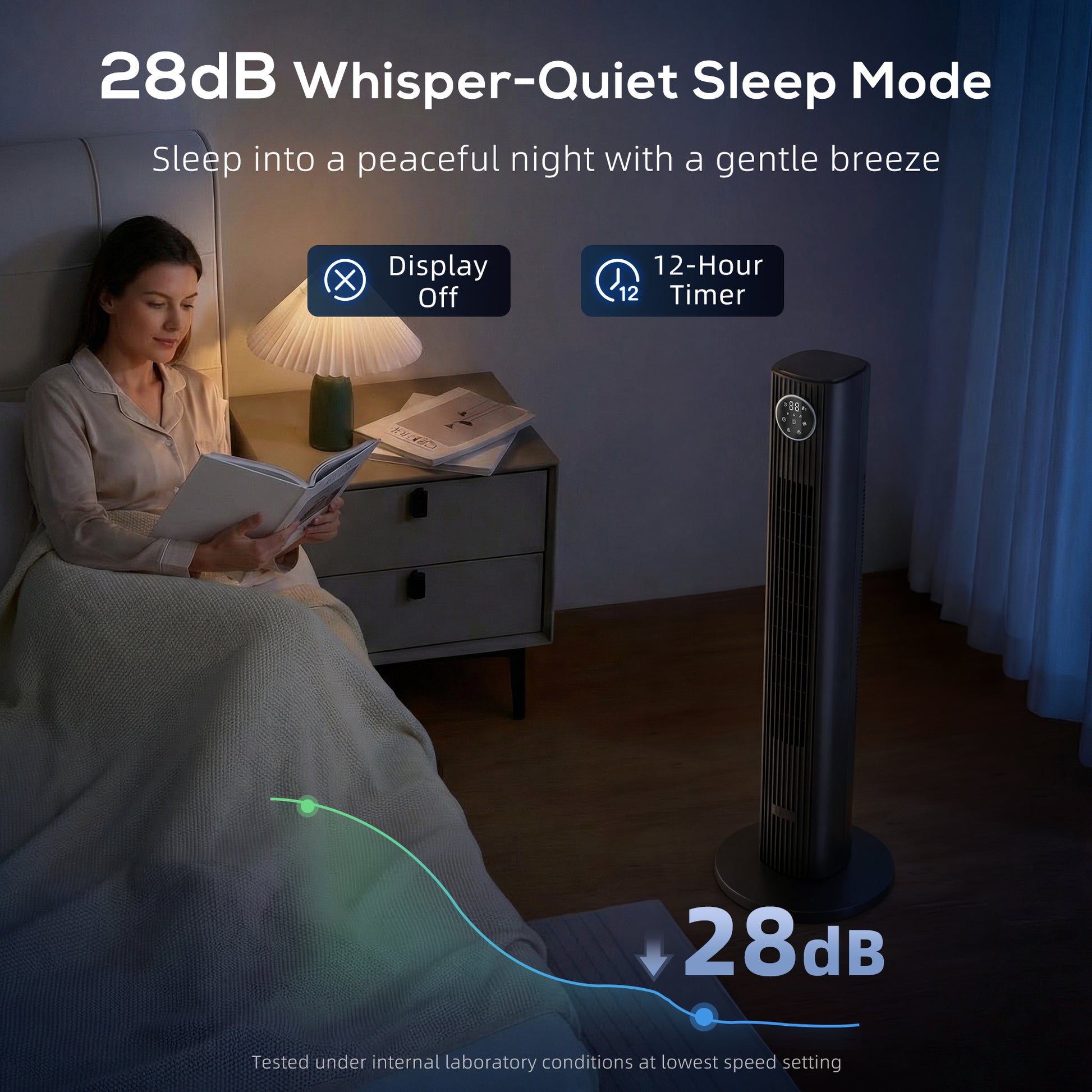 HOMCOM 28dB Tower Fan for Bedroom, 36 inch, 8 m/s Velocity Standing Cooling Fan with 80° Oscillating, BLDC Motor, 12 Speeds, LED Display, 4 Modes, 12H Timer, Remote Control, Black