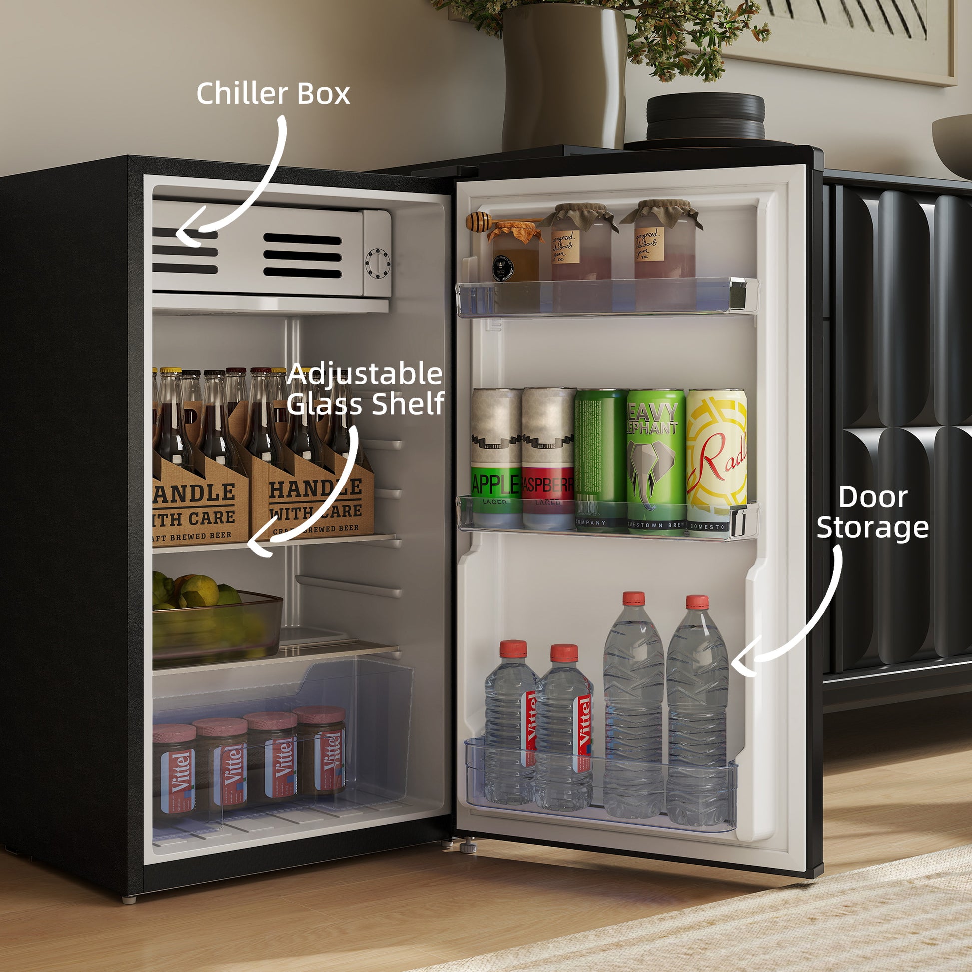 HOMCOM Under Counter Fridge, 85L Small Retro Refrigerator with Chiller Box, Adjustable Thermostat, Glass Shelves, Black