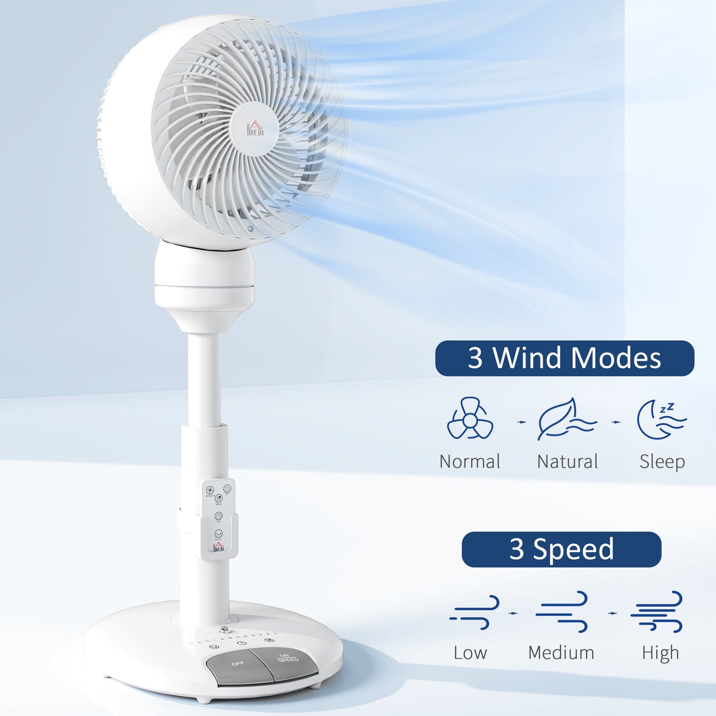 HOMCOM Standing Fan for Bedroom, 28" Pedestal Fan with Remote, 70° Oscillating, 90° Vertical Tilt, 3 Speeds, Adjustable Height, 7H Timer, Foot Button, White