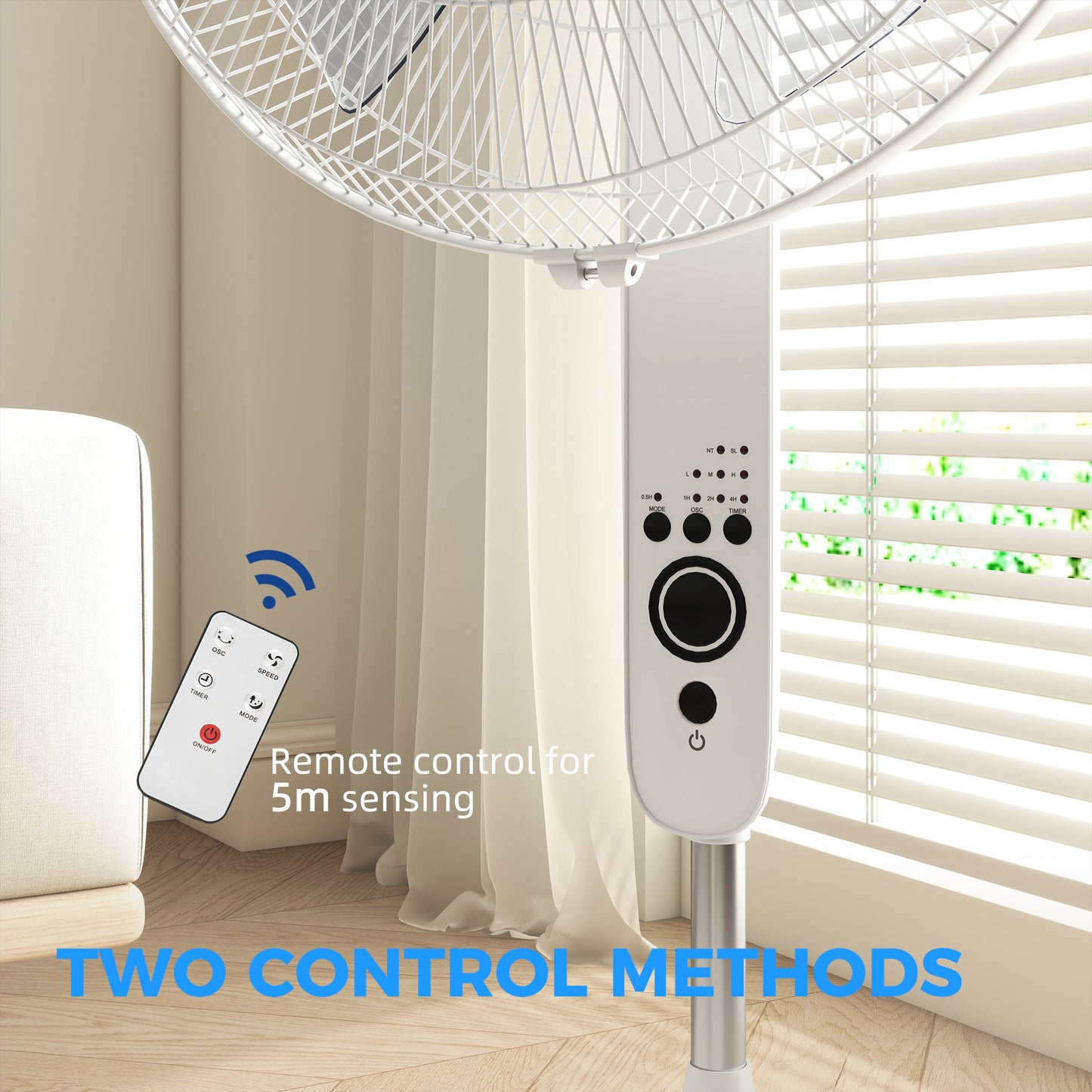 HOMCOM 124cm Pedestal Fan with Sleep Mode, Oscillating Standing Fan with 3 Modes, Remote Control, Adjustable Height, White
